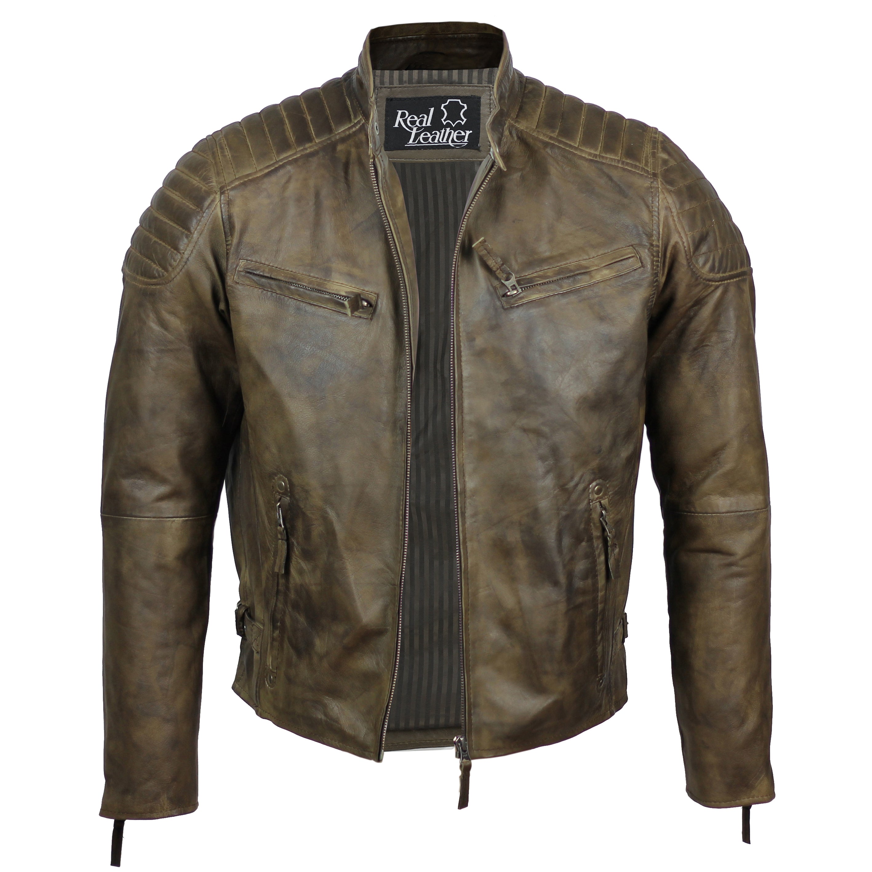 Mens Real Soft Leather Slim Fit Antique Washed Brown Urban Retro Biker Jacket