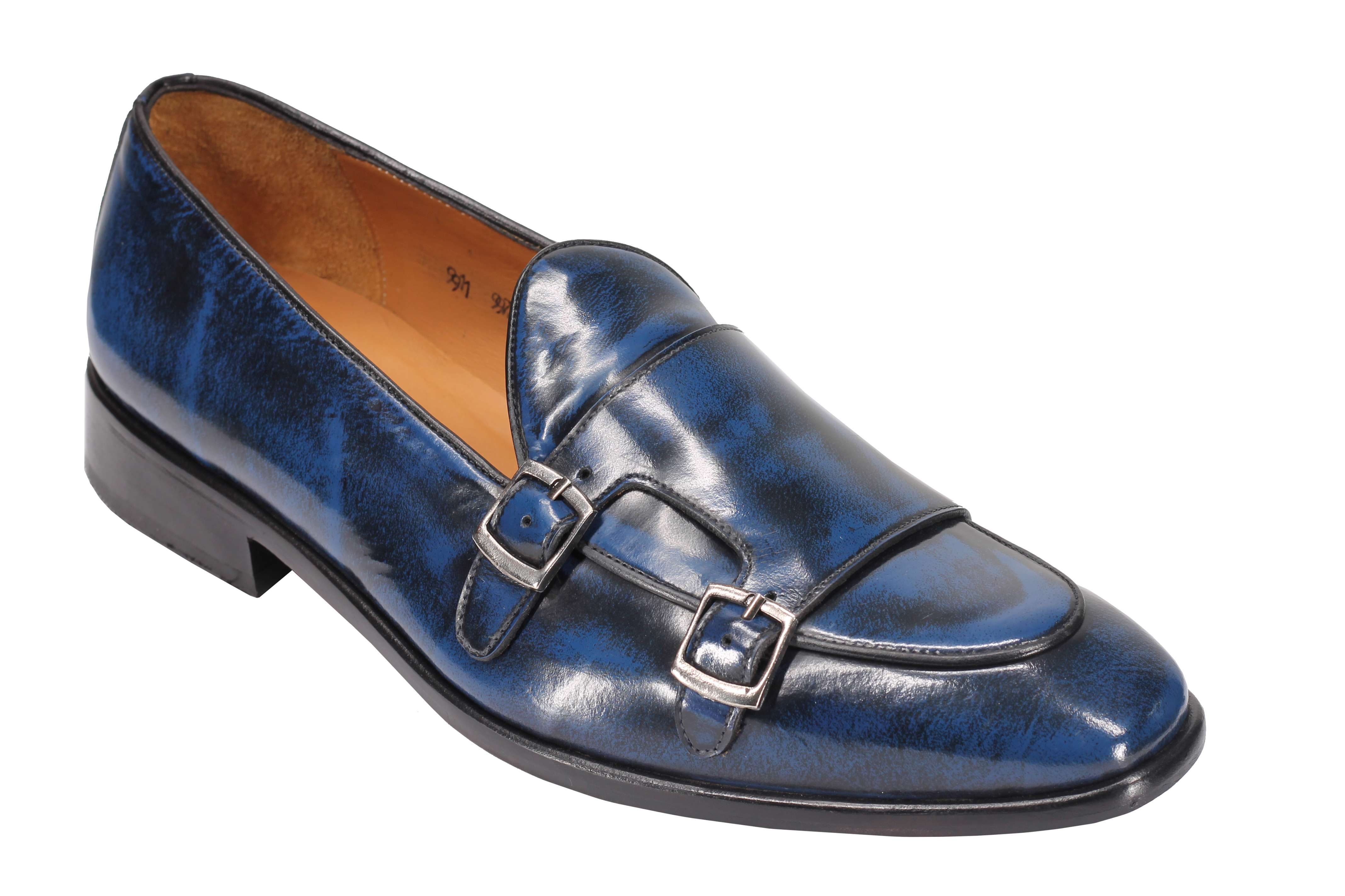Blue Calf Leather Monk Shoes