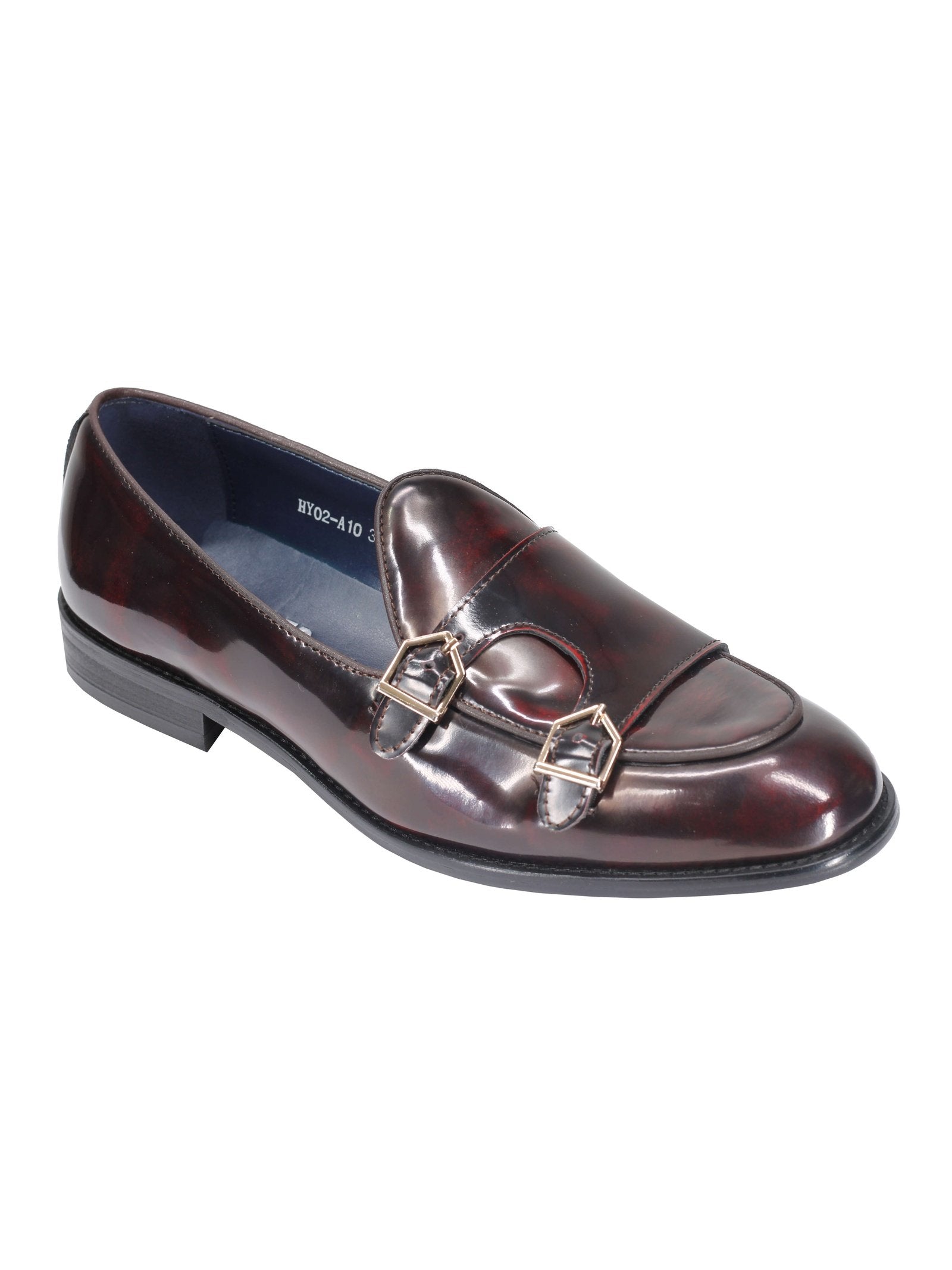 Mens Double Monk Loafers in Maroon Wine Patent Real Leather Slip on Shoes