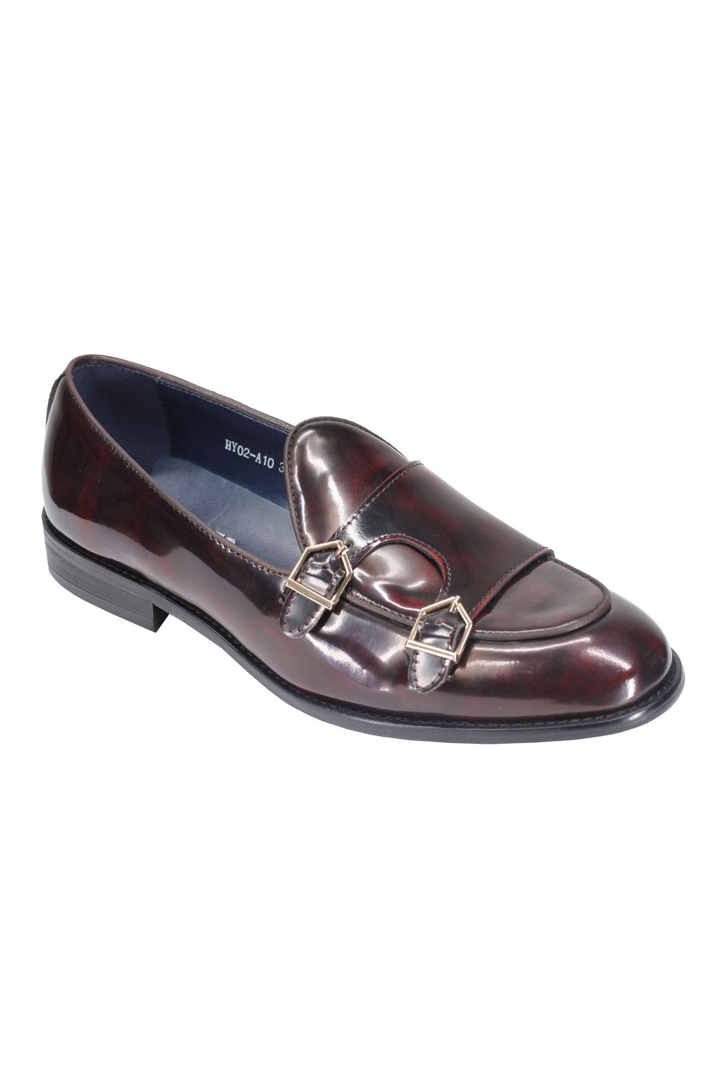 Mens Double Monk Loafers in Maroon Wine Patent Real Leather Slip on Shoes