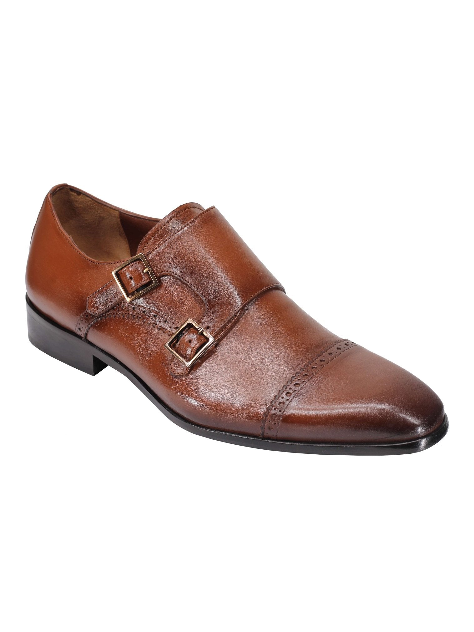 BROWN CALF LEATHER SEMI BROGUE MONK SHOES