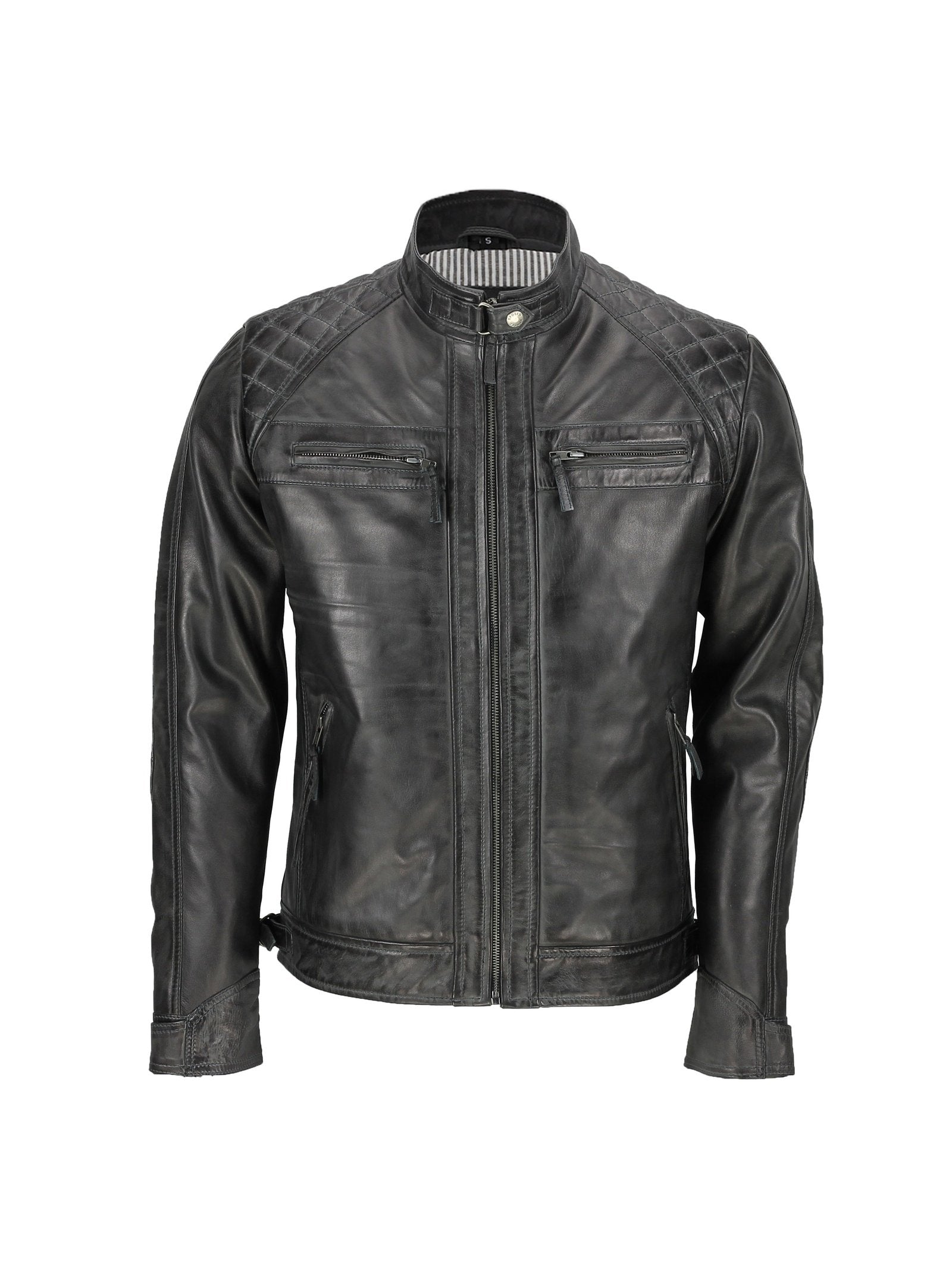 New Mens Real Leather Washed Dark Grey Vintage Zipped Smart Casual Biker Jacket