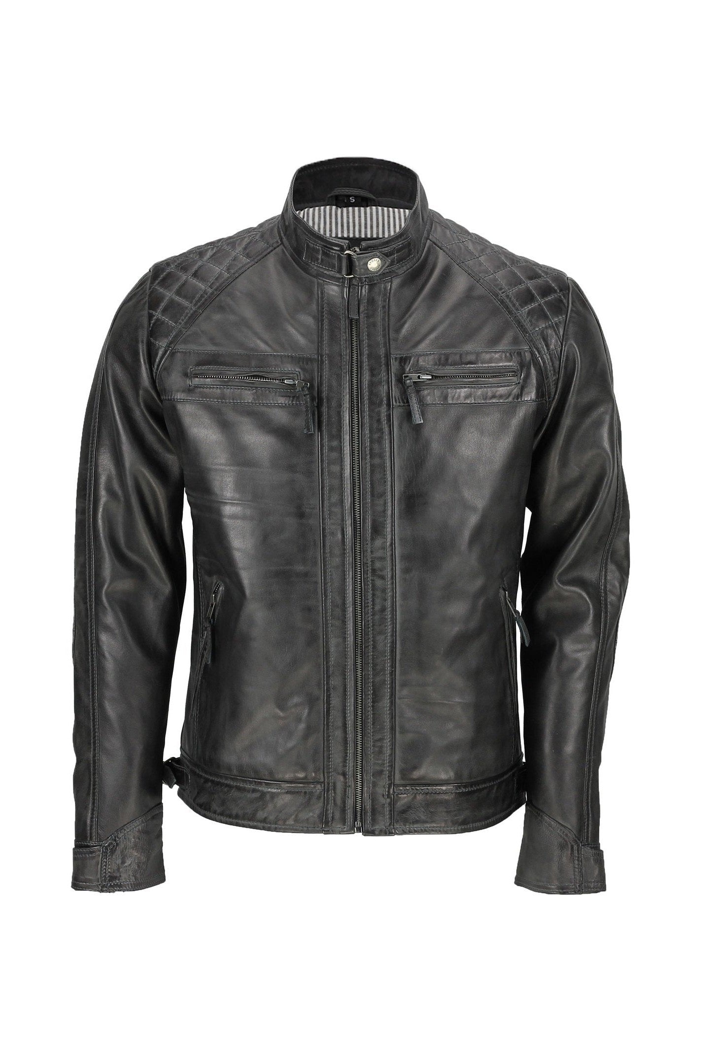 New Mens Real Leather Washed Dark Grey Vintage Zipped Smart Casual Biker Jacket