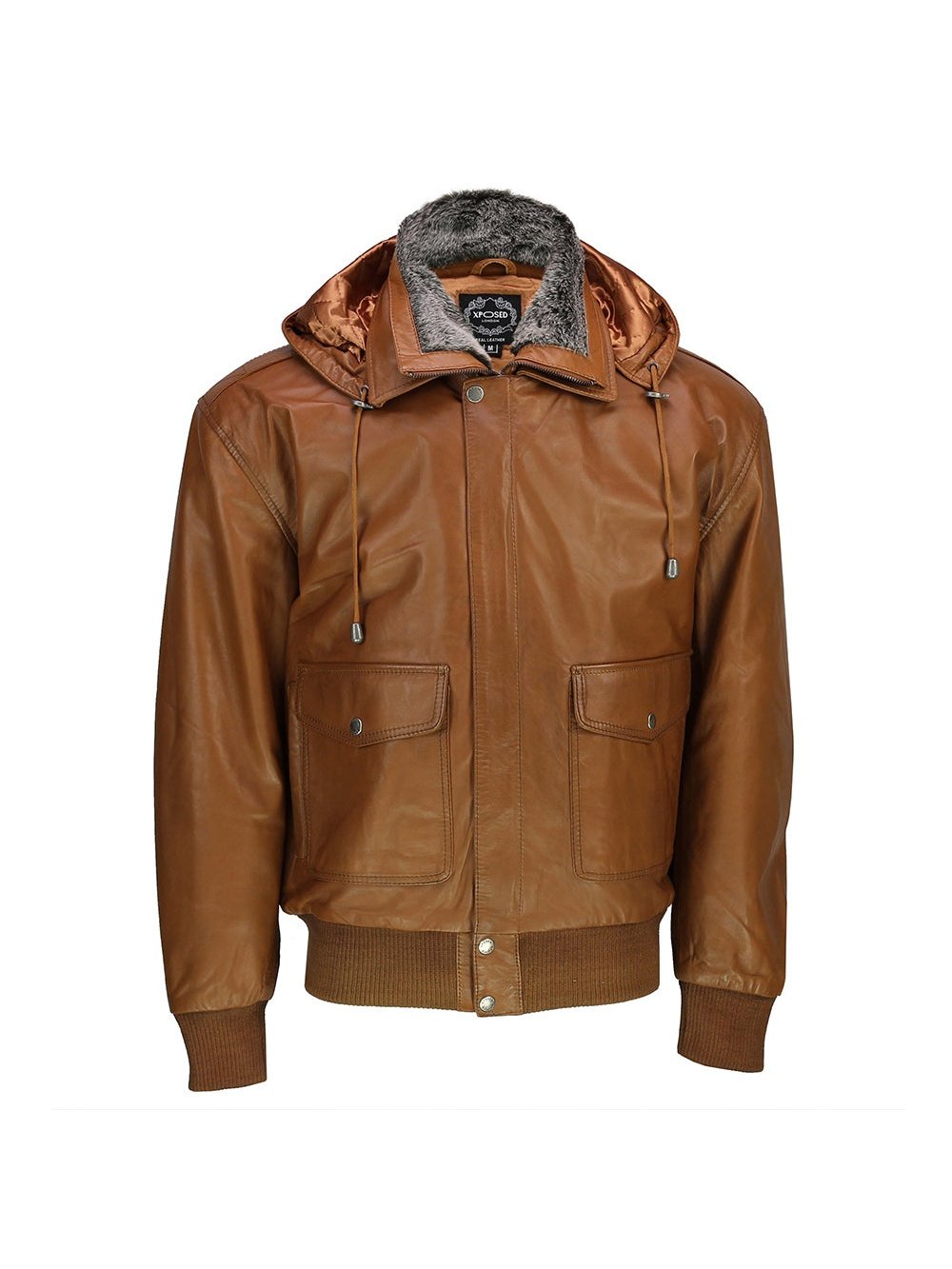 BOMBER FUR COLLAR LEATHER JACKET WITH HOOD IN TIMBER