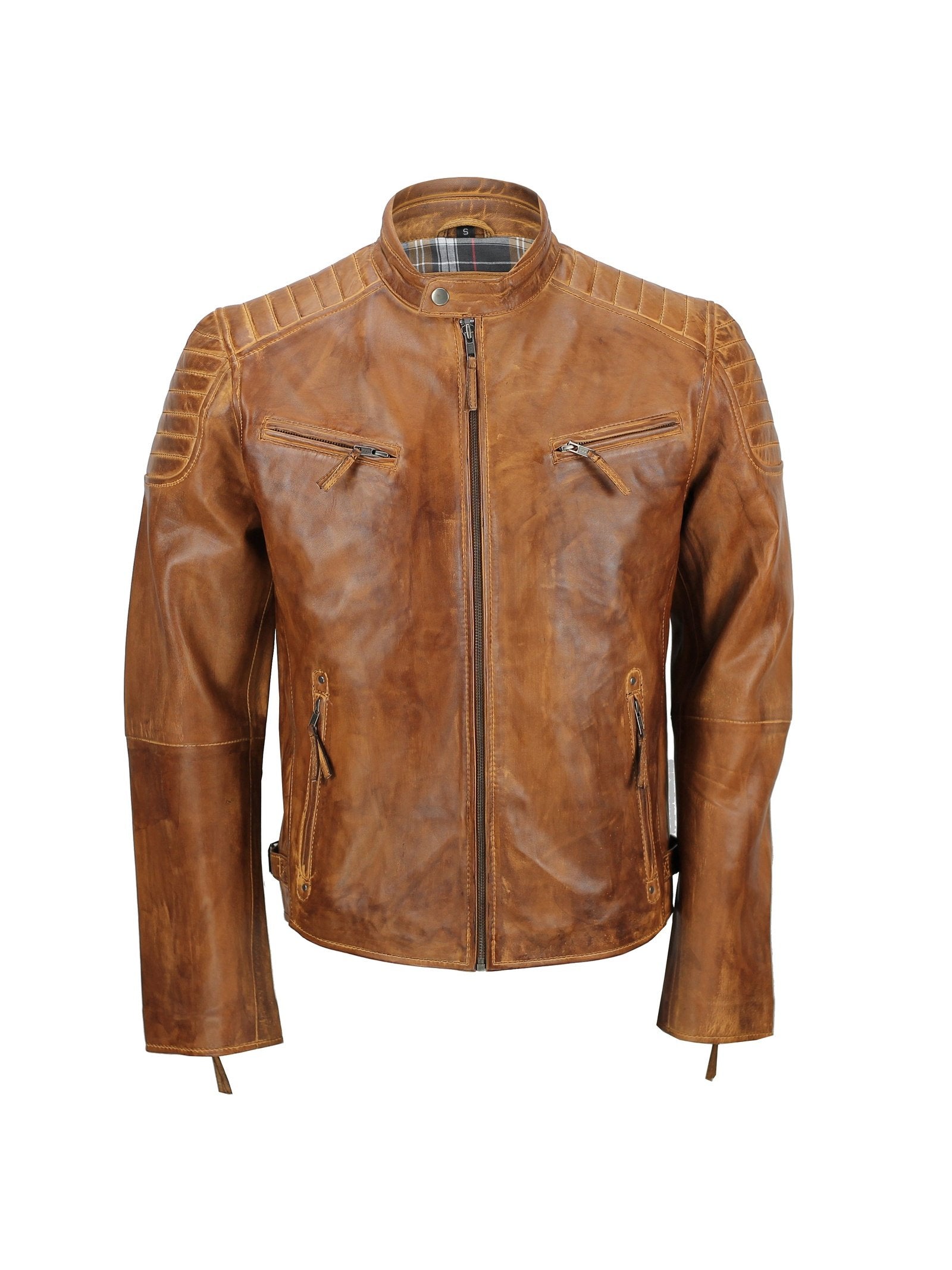Mens Real Leather Slim Fit Antique Washed Tan Brown Retro Zip Biker Jacket