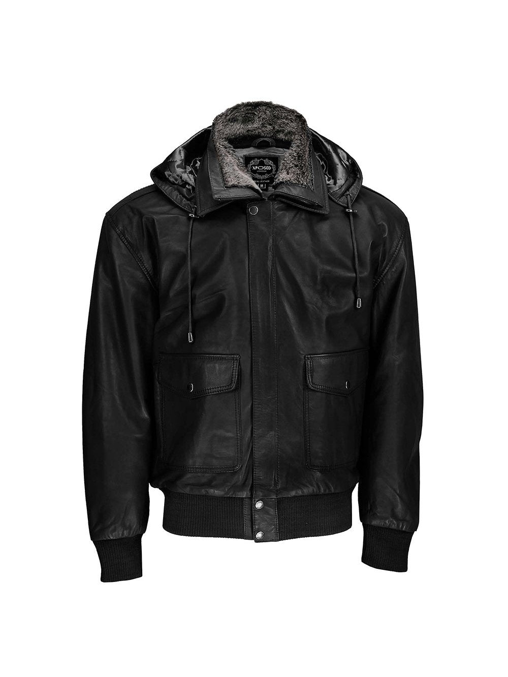 BOMBER FUR COLLAR LEATHER JACKET WITH HOOD