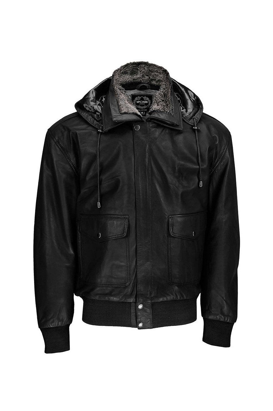 BOMBER FUR COLLAR LEATHER JACKET WITH HOOD