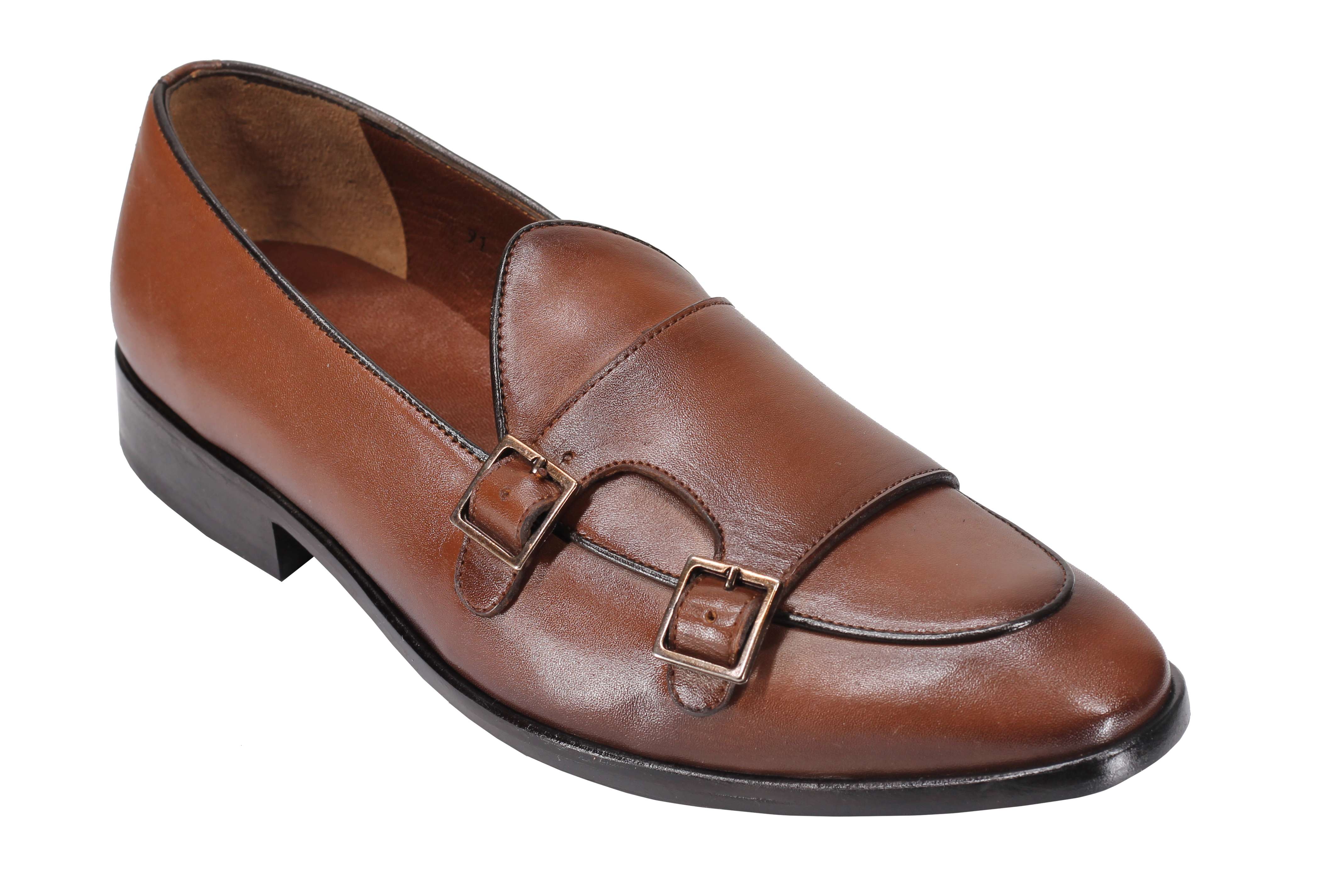 Tan Calf Leather Double Monk Shoes