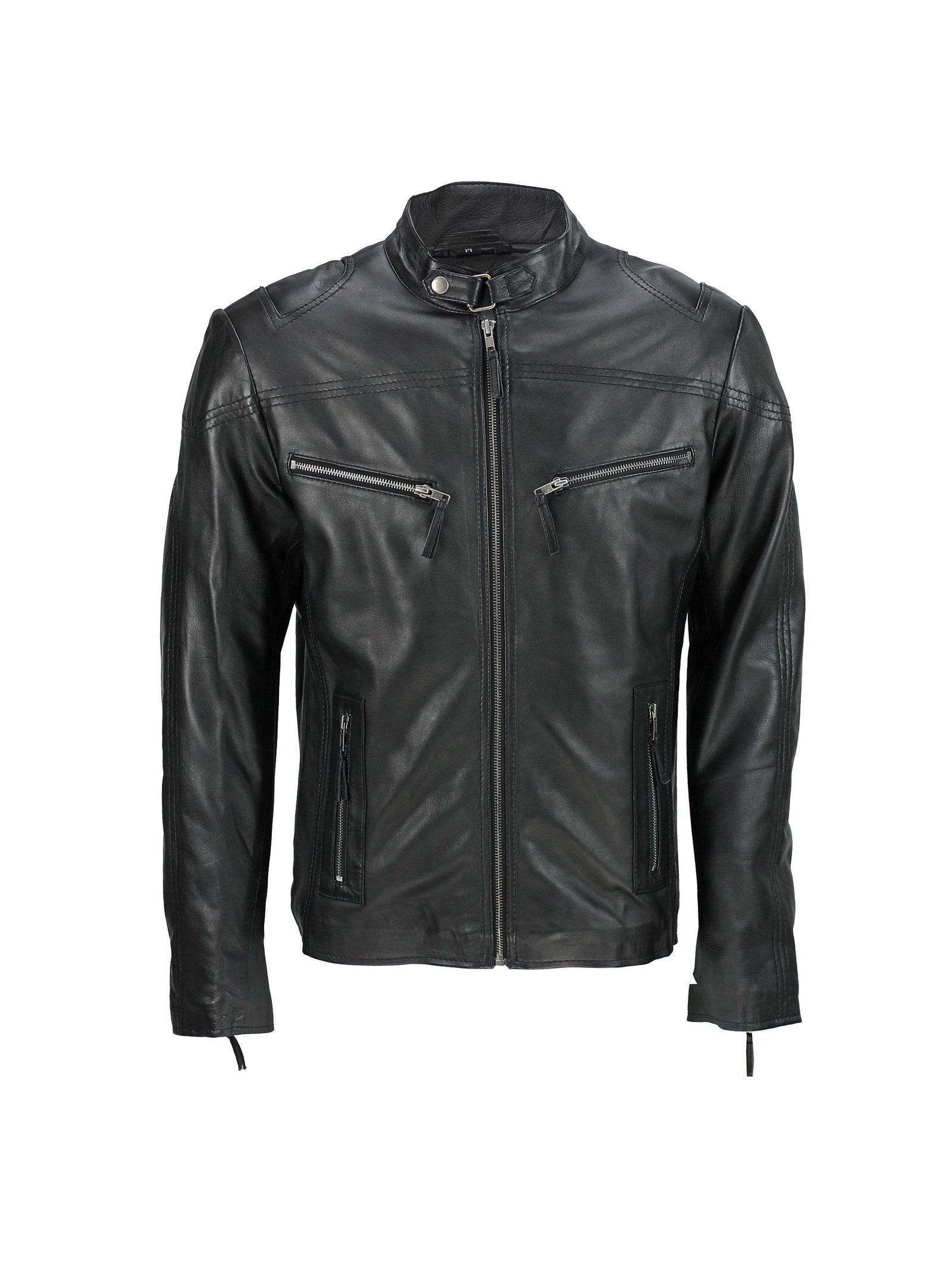 Mens Vintage Real Leather Black Biker Style Zipped Pockets Casual Fitted Jacket