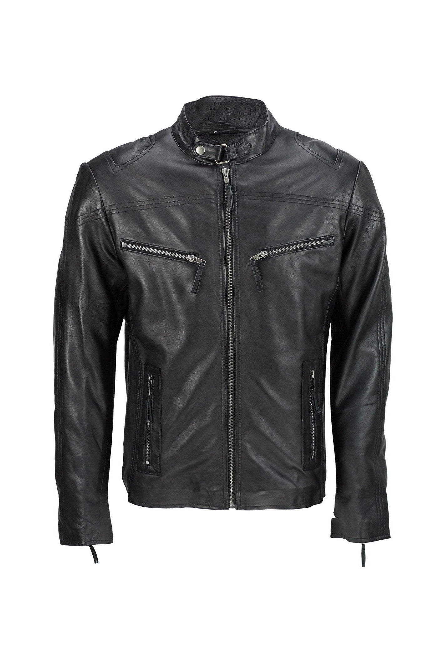 Mens Vintage Real Leather Black Biker Style Zipped Pockets Casual Fitted Jacket