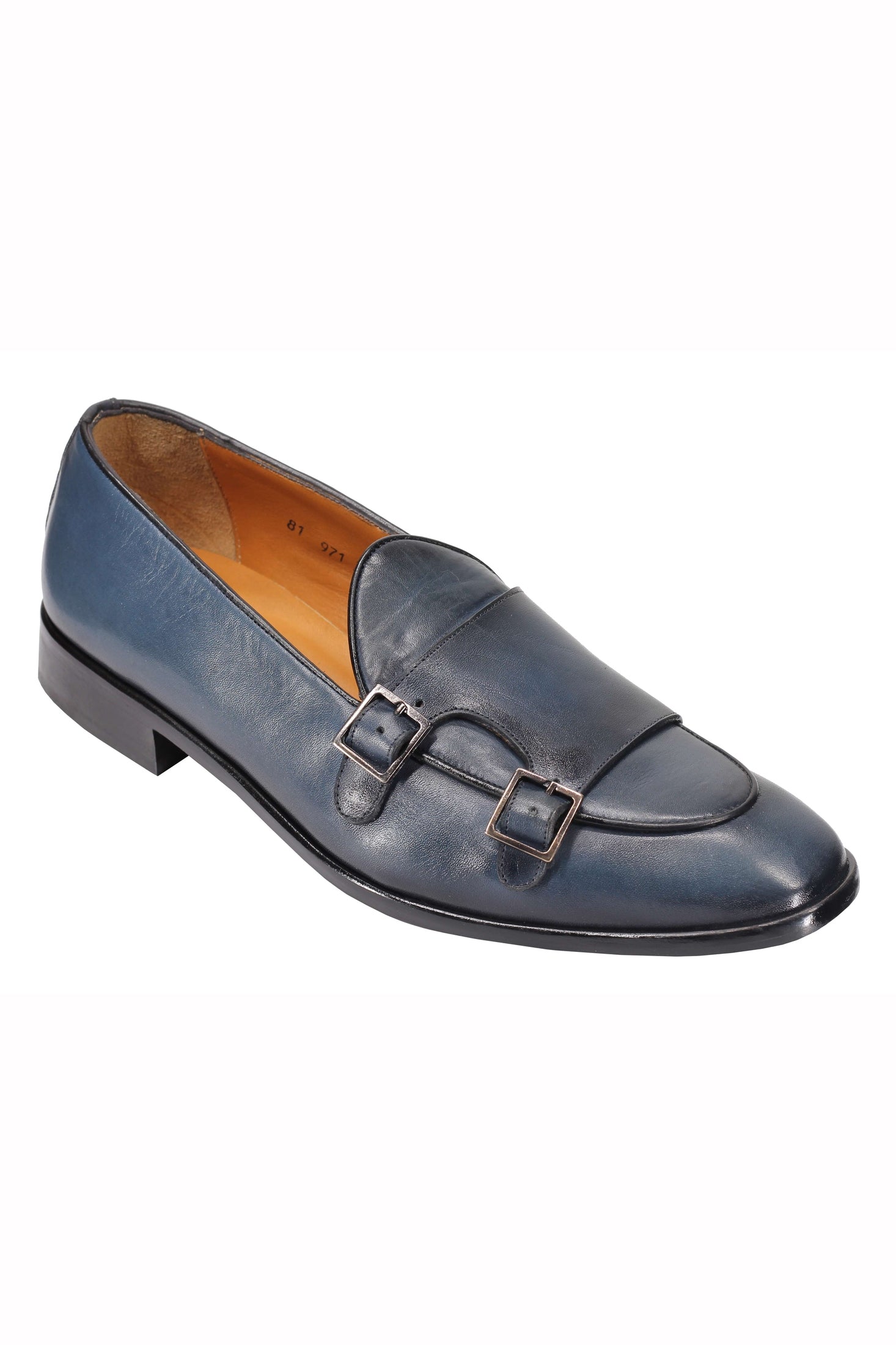 Blue Calf Leather Double Monk Loafers