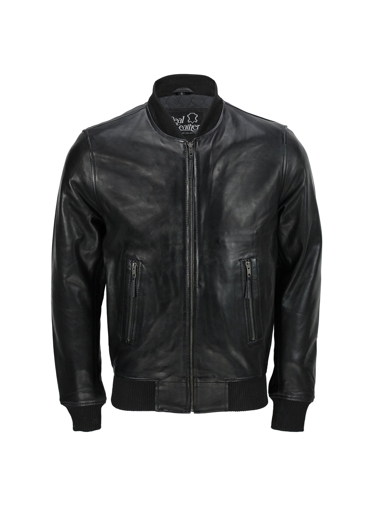 Mens Black Soft Real Leather Vintage Collar Bomber Style Biker Jacket