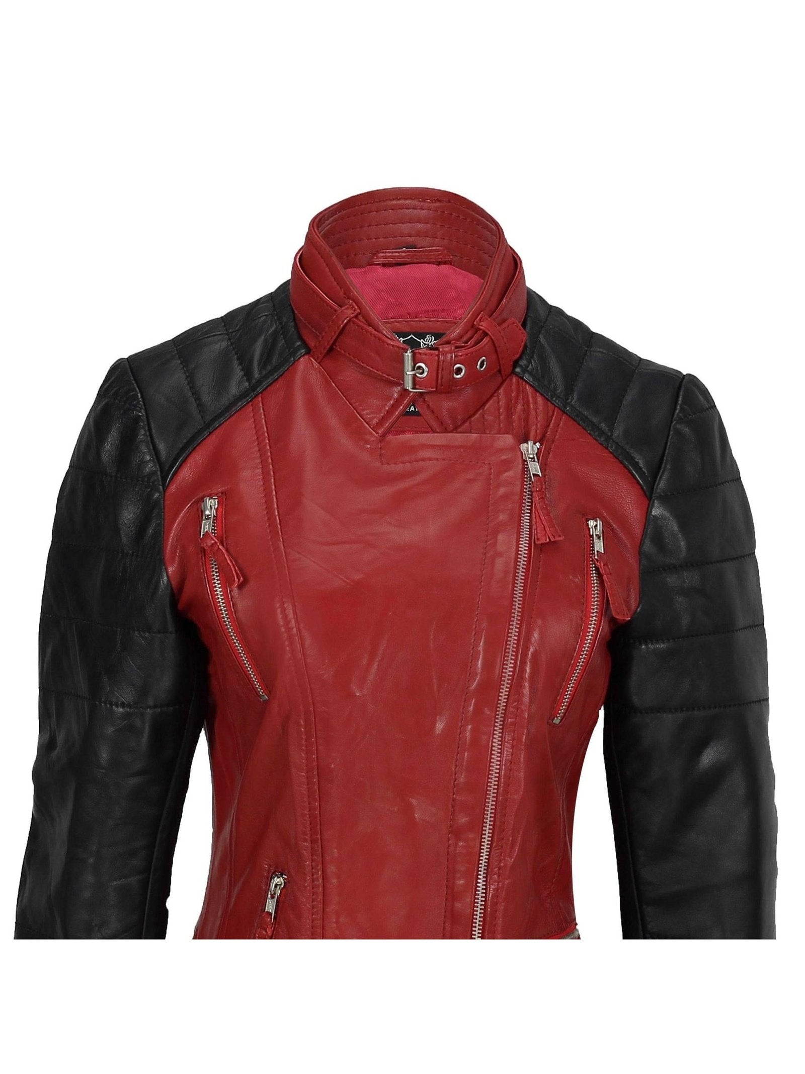 New Ladies Black Red Vintage Soft Genuine Real Leather Biker Jacket Size Fitted