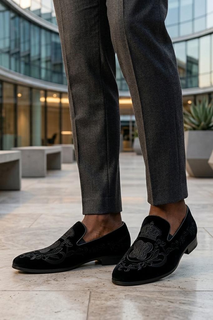 FRED Men’s Black Embroidered Velvet Party Loafers Sartorial Shoes