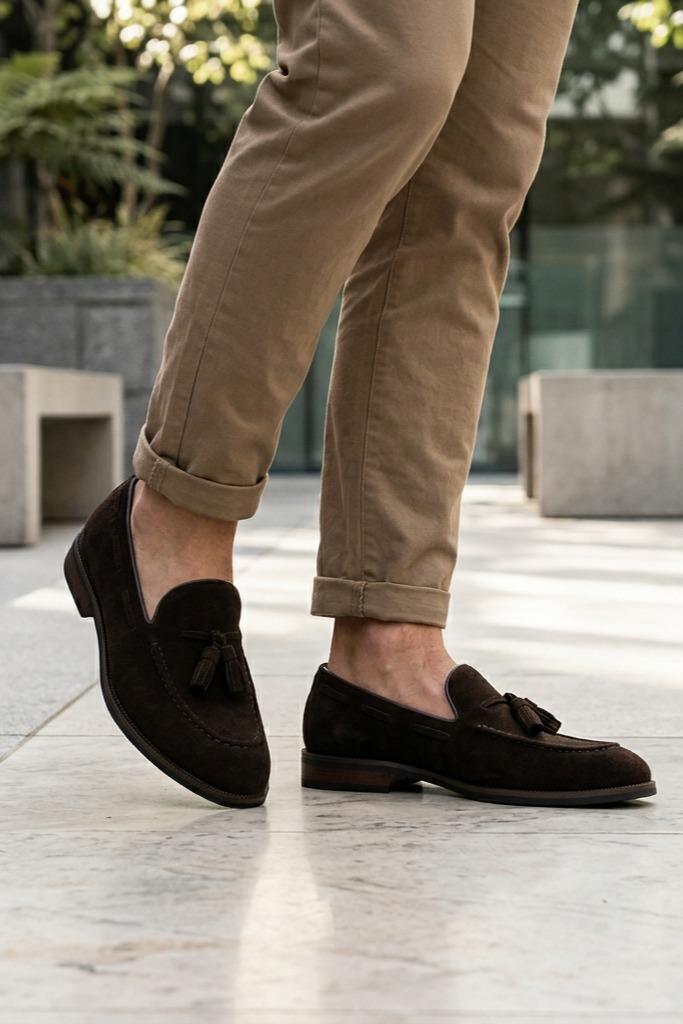 PABLO Men’s Brown Real Suede Leather Tassel Loafers Sartorial Shoes