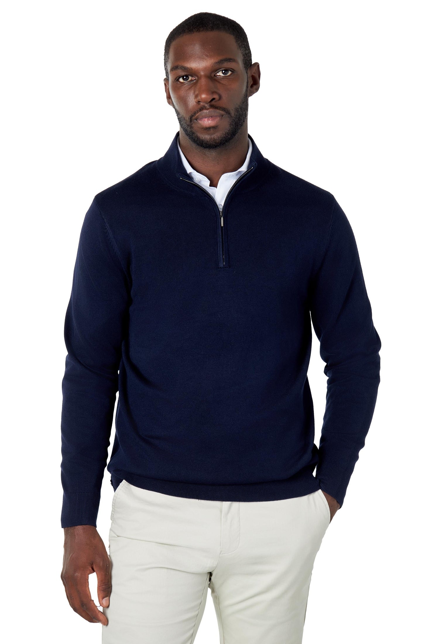 NAVY 100% COTTON KNIT ZIP NECK JUMPER