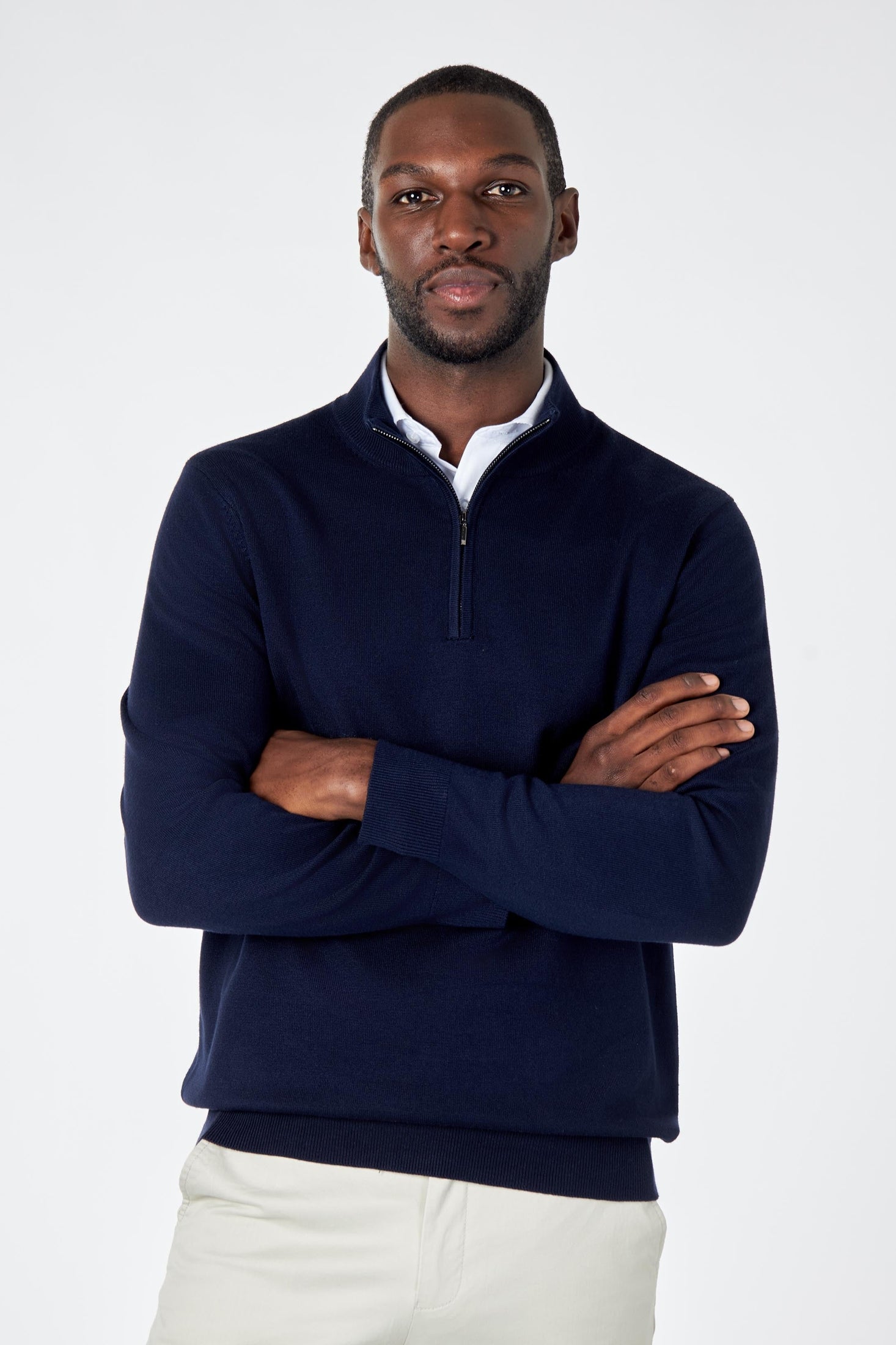 NAVY 100% COTTON KNIT ZIP NECK JUMPER