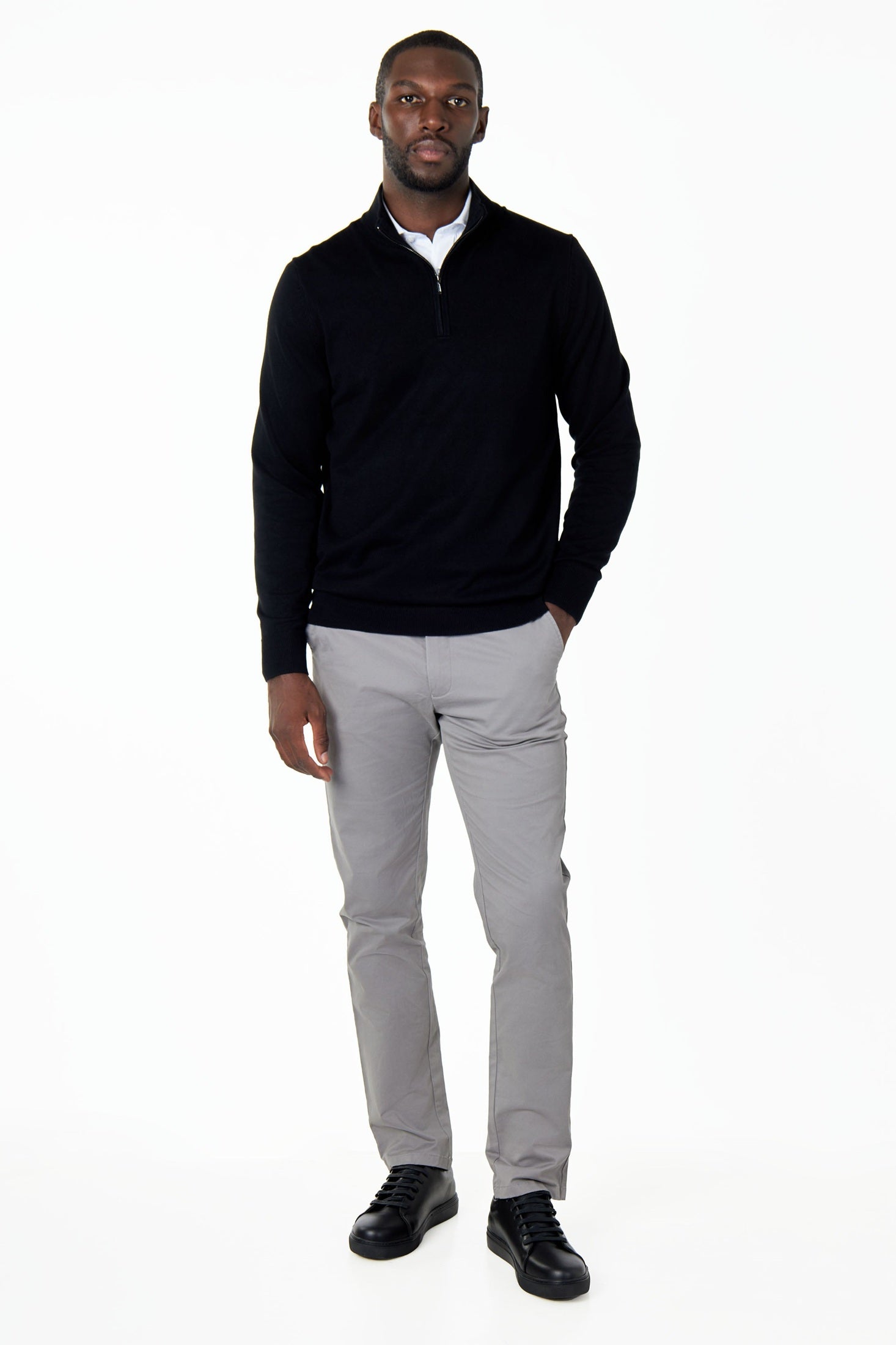 BLACK 100% COTTON KNIT ZIP NECK JUMPER