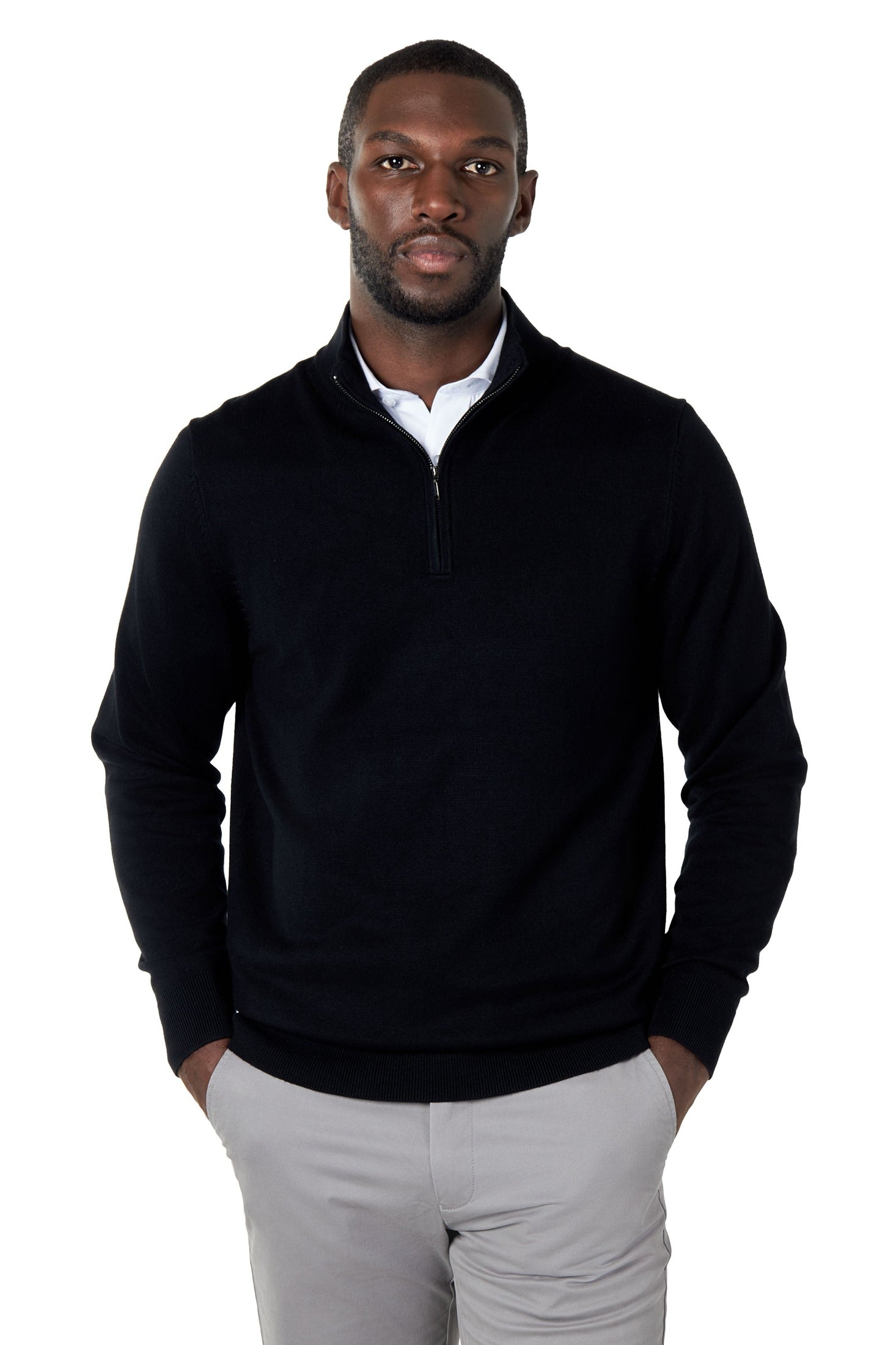 BLACK 100% COTTON KNIT ZIP NECK JUMPER