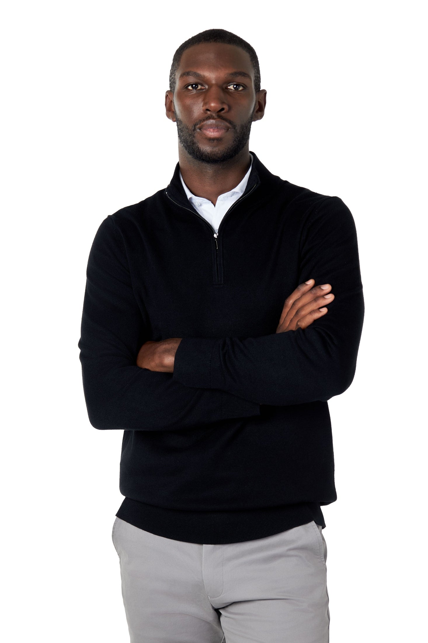 BLACK 100% COTTON KNIT ZIP NECK JUMPER