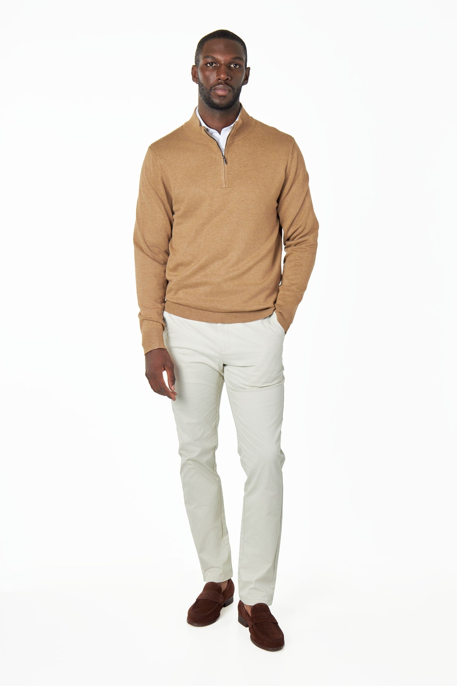 TAN 100% COTTON KNIT ZIP NECK JUMPER