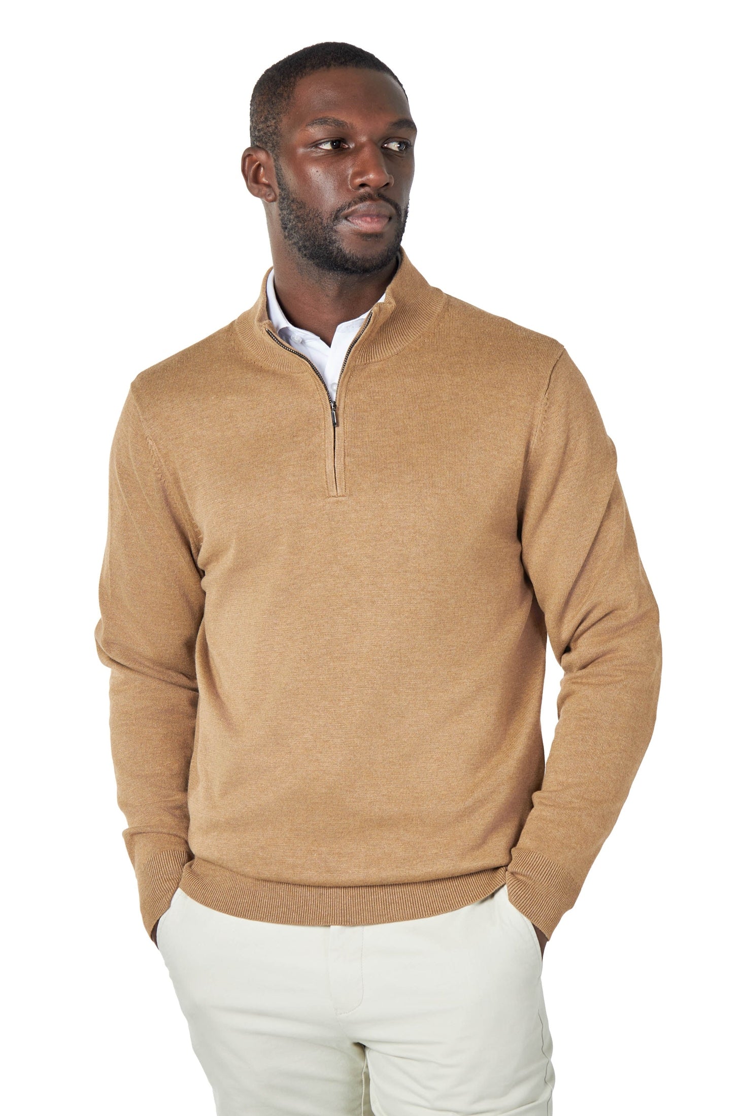 TAN 100% COTTON KNIT ZIP NECK JUMPER