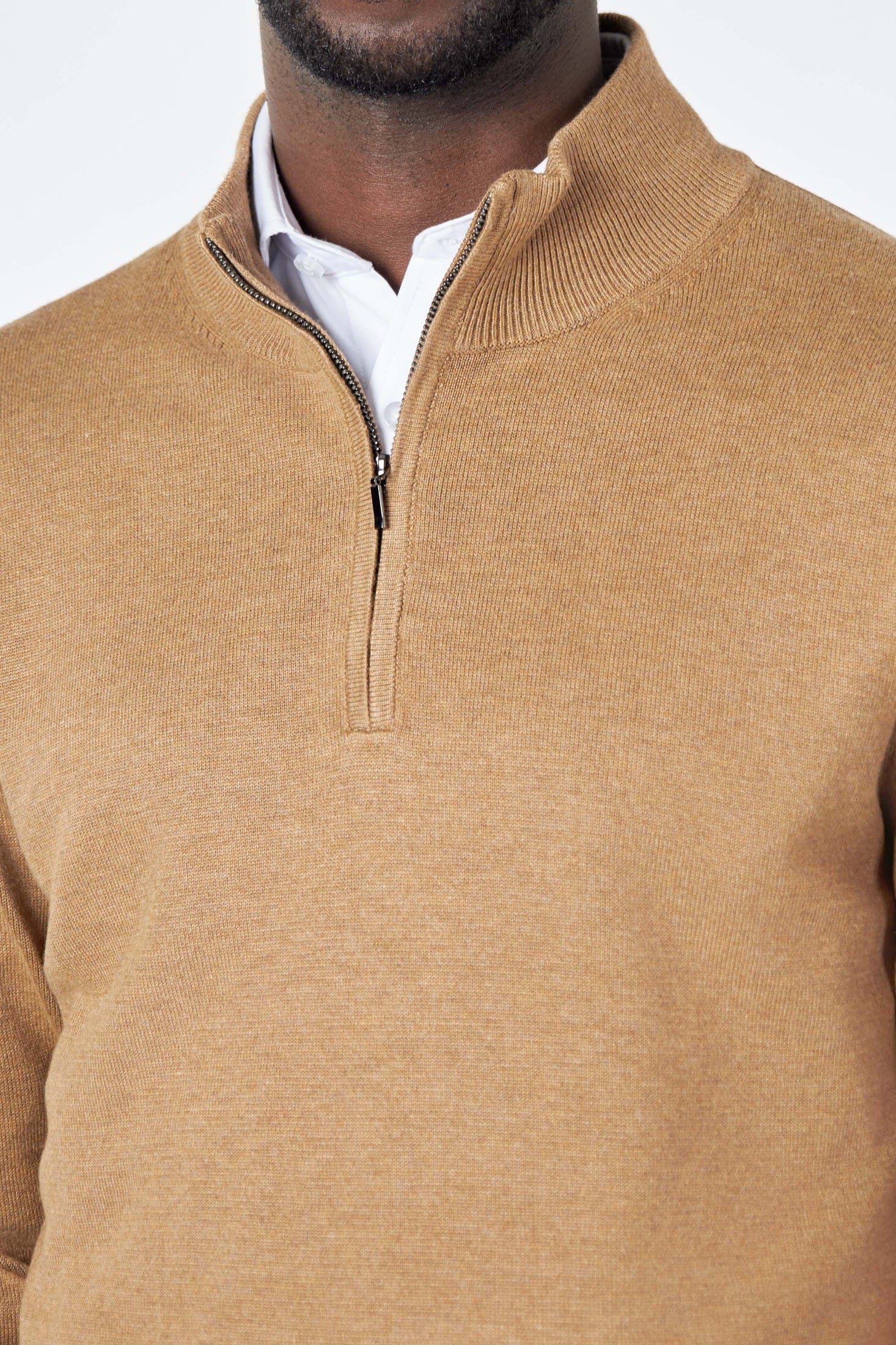 TAN 100% COTTON KNIT ZIP NECK JUMPER