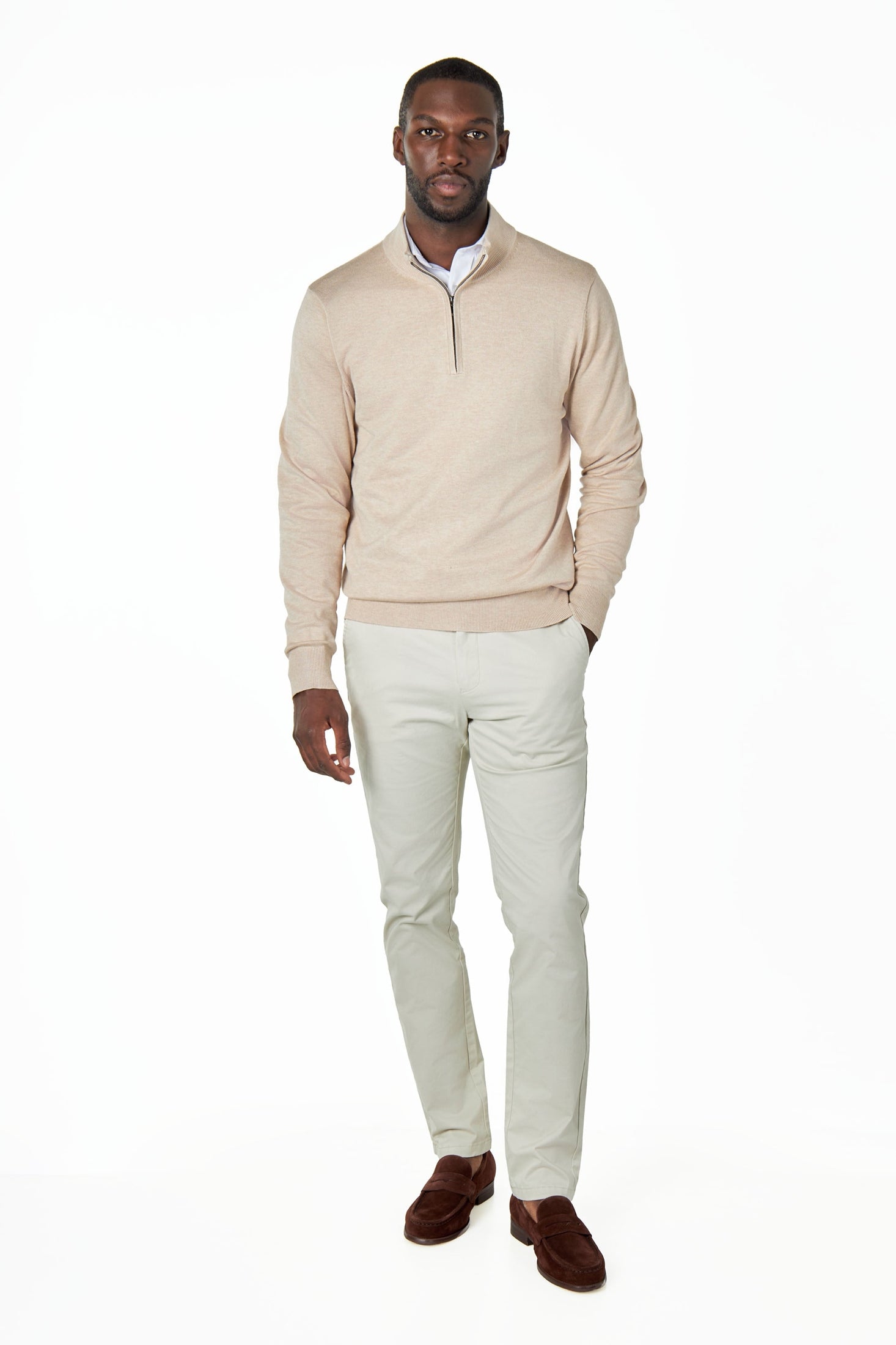 BEIGE 100% COTTON KNIT ZIP NECK JUMPER