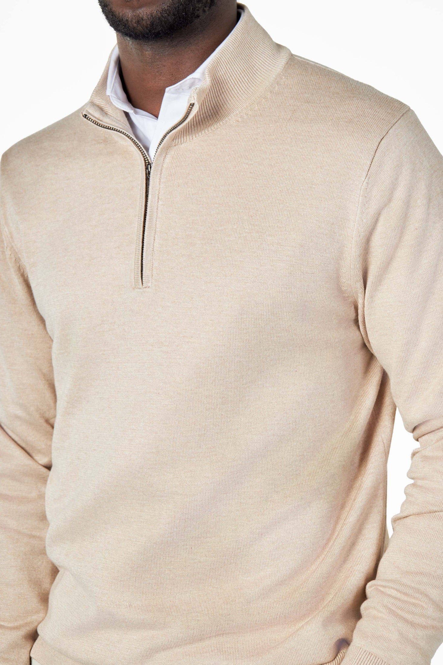 BEIGE 100% COTTON KNIT ZIP NECK JUMPER