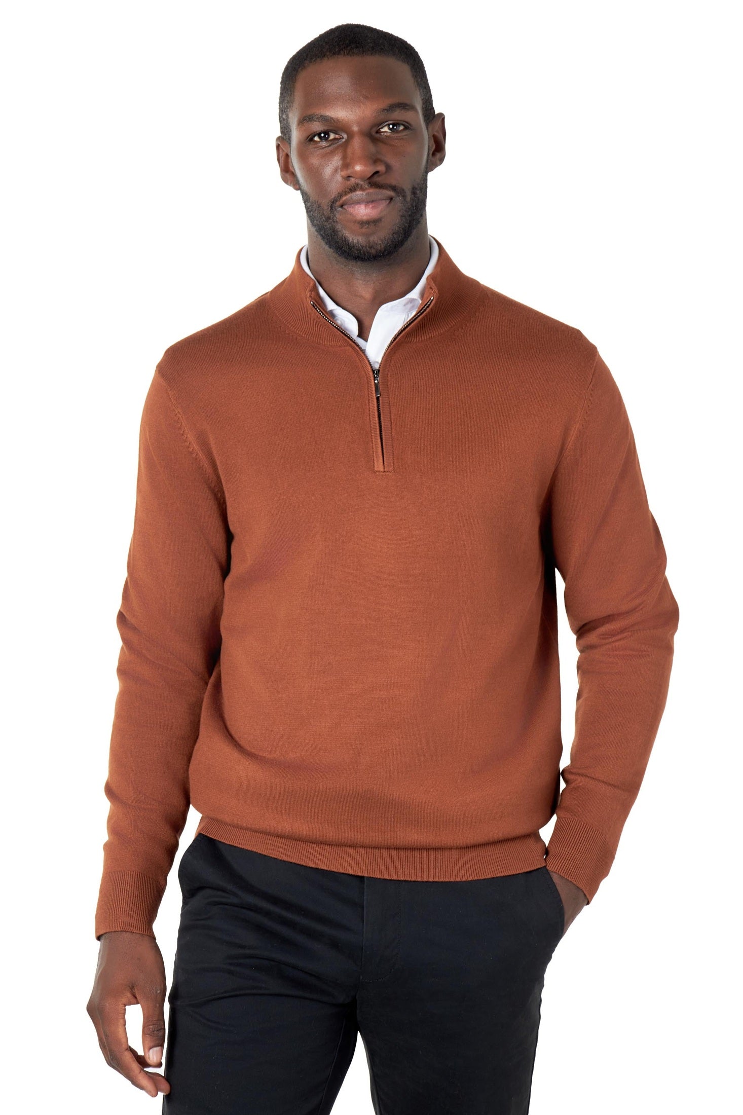 RUST BROWN 100% COTTON KNIT ZIP NECK JUMPER