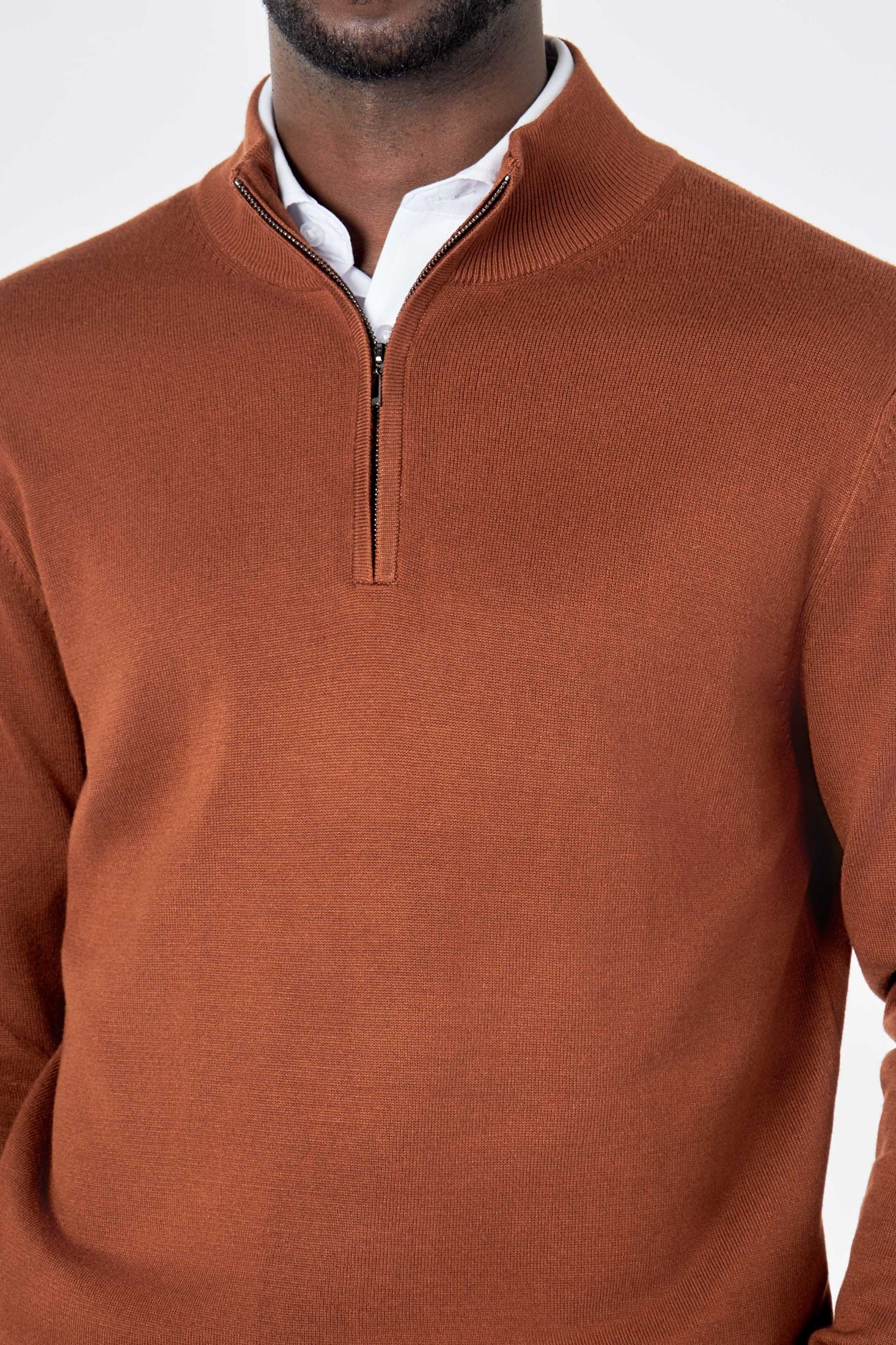 RUST BROWN 100% COTTON KNIT ZIP NECK JUMPER