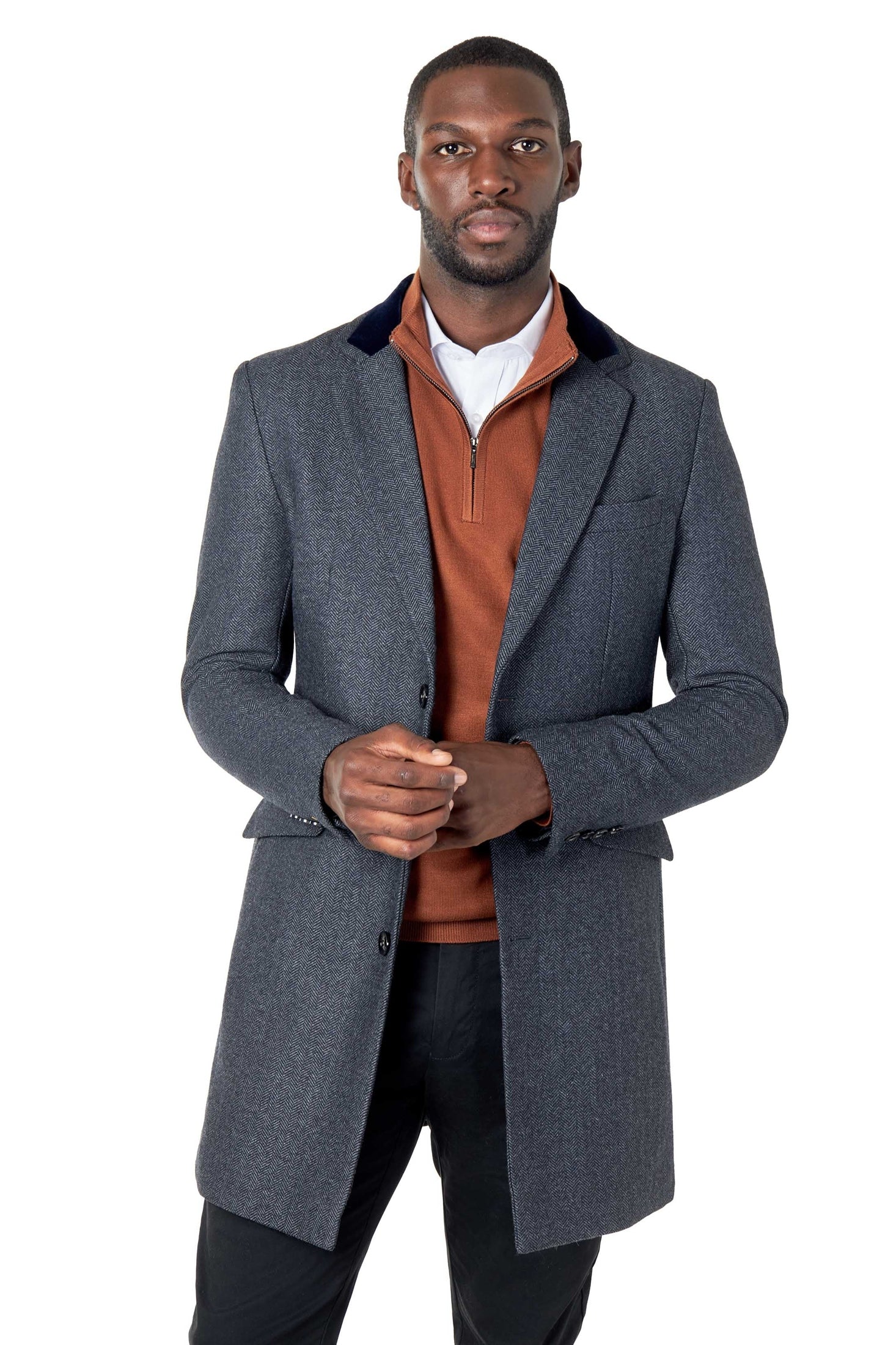 COSMO – GREY HERRINGBONE WOOL BLEND LONG OVERCOAT