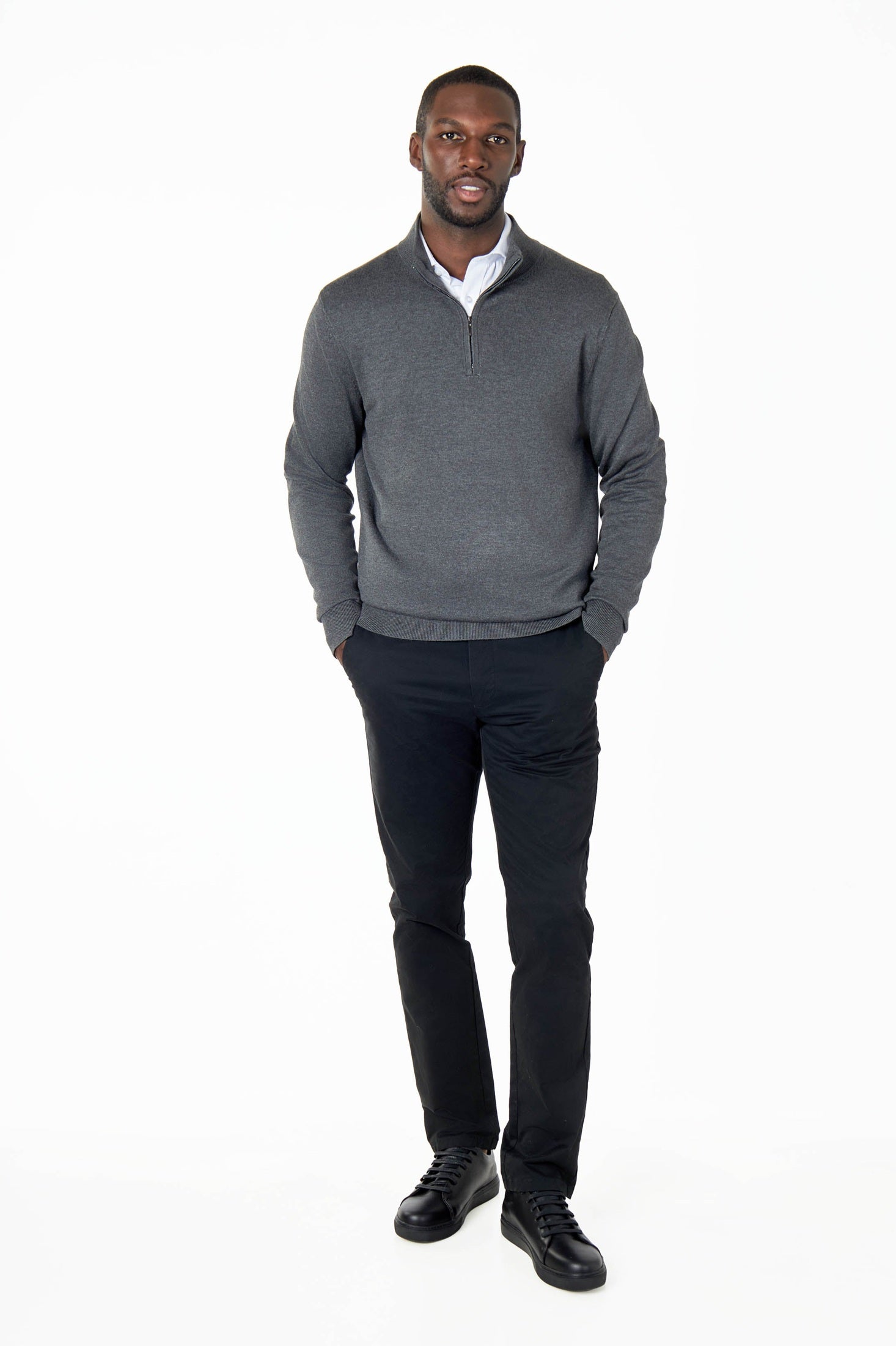 CHARCOAL 100% COTTON KNIT ZIP NECK JUMPER