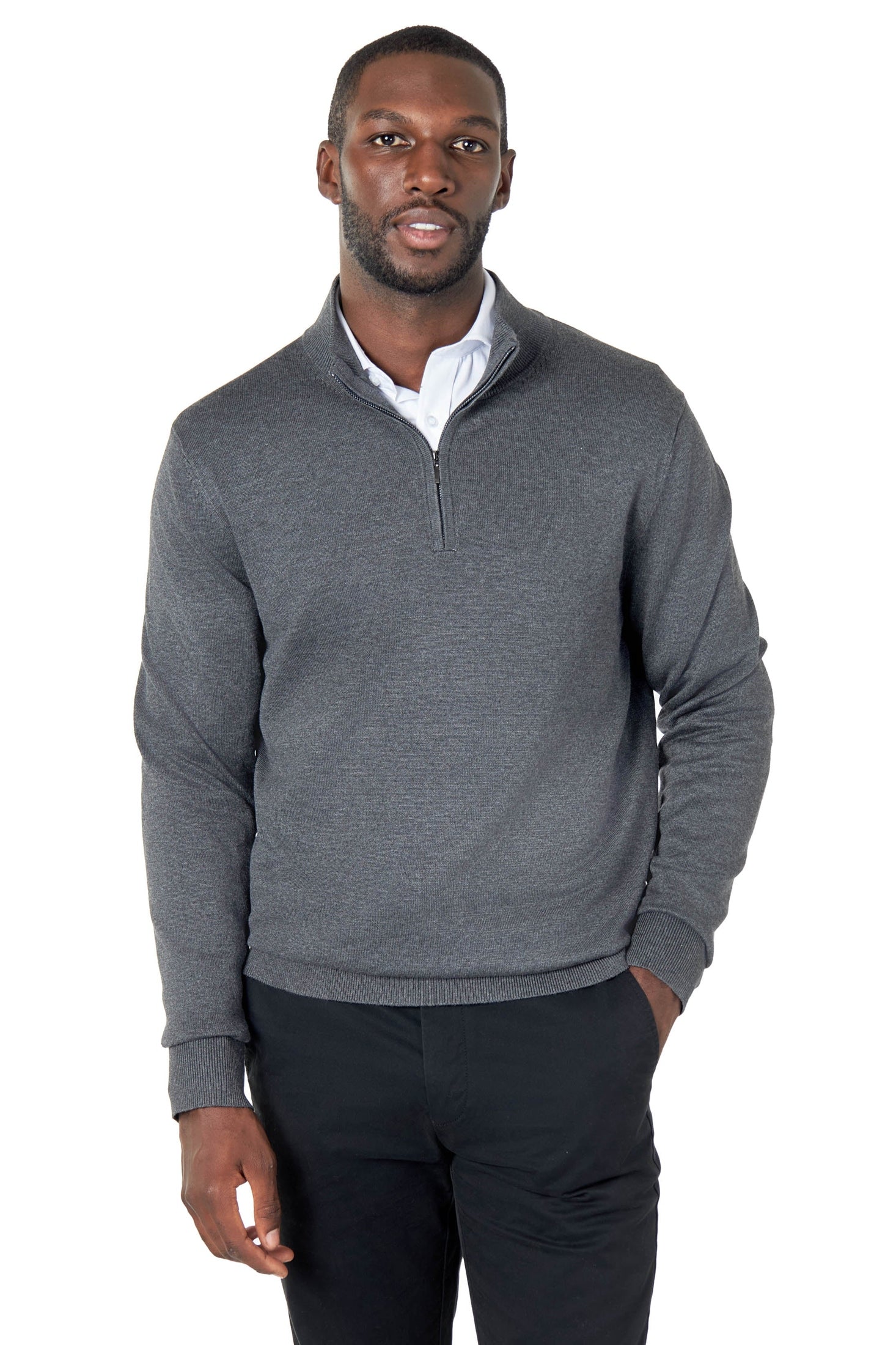 CHARCOAL 100% COTTON KNIT ZIP NECK JUMPER