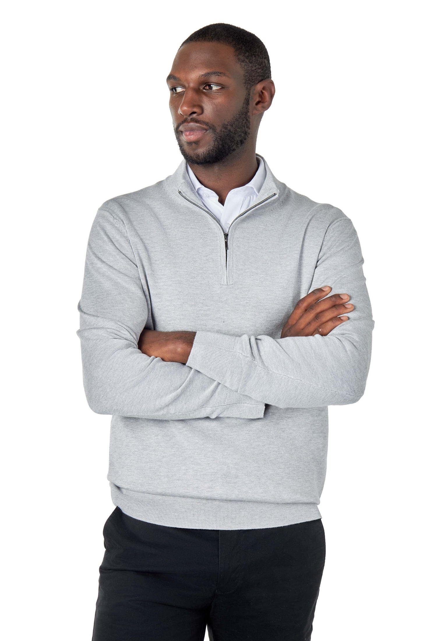 Grey 100% Cotton Knit Zip Neck Jumper