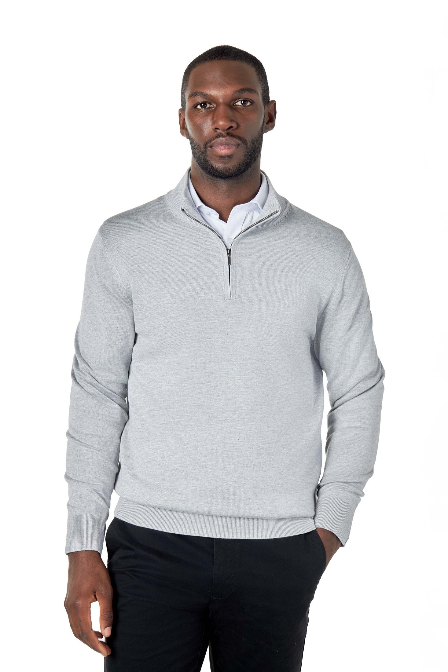 Grey 100% Cotton Knit Zip Neck Jumper