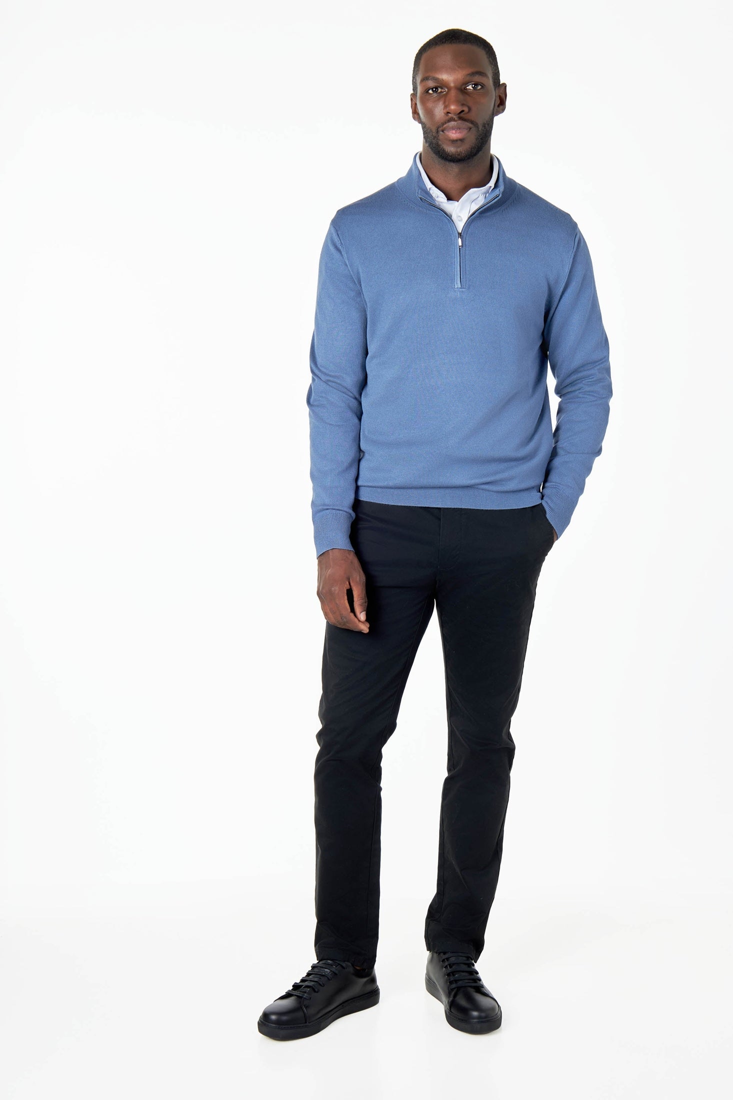 BLUE 100% COTTON KNIT ZIP NECK JUMPER