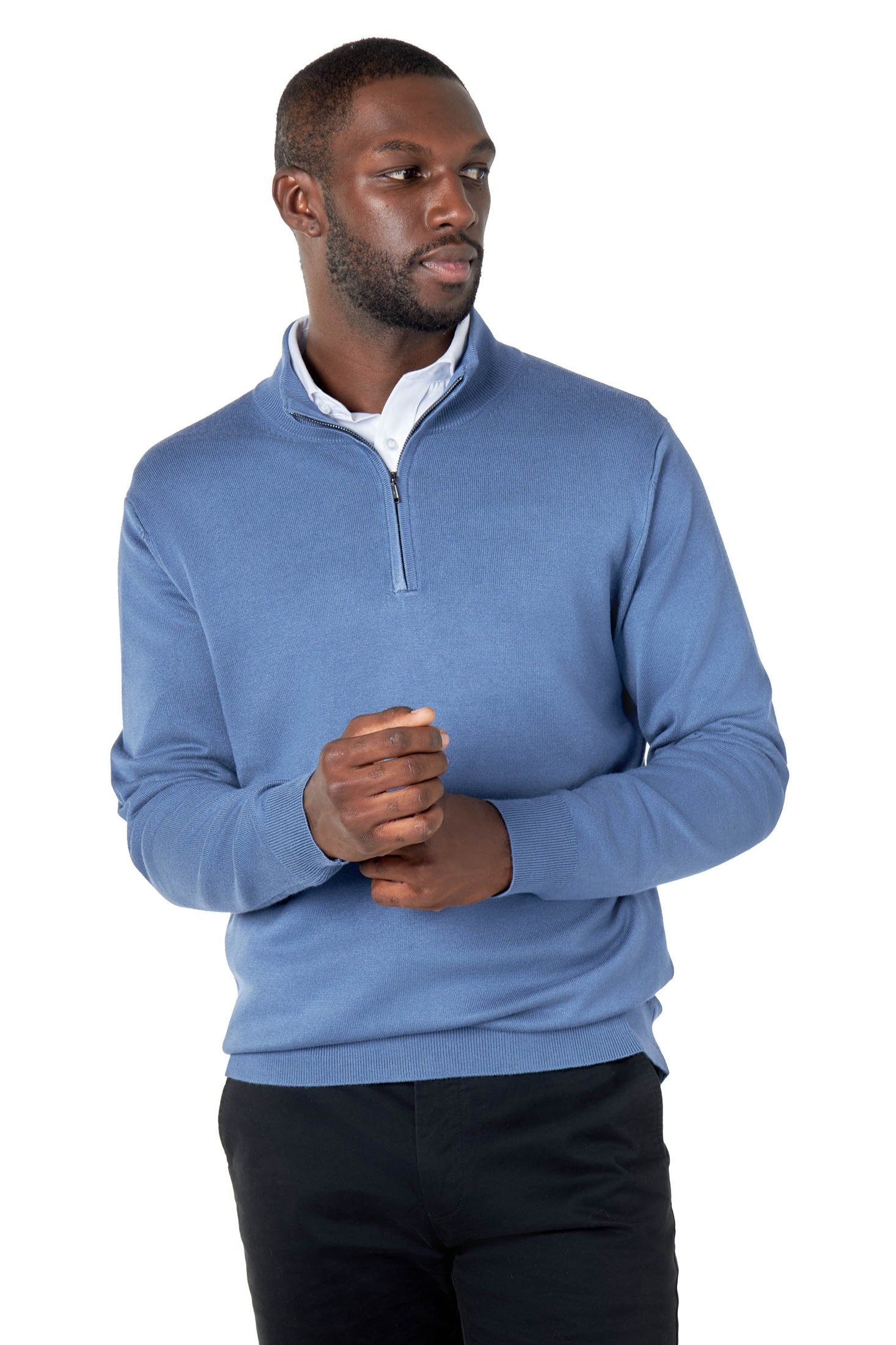 BLUE 100% COTTON KNIT ZIP NECK JUMPER