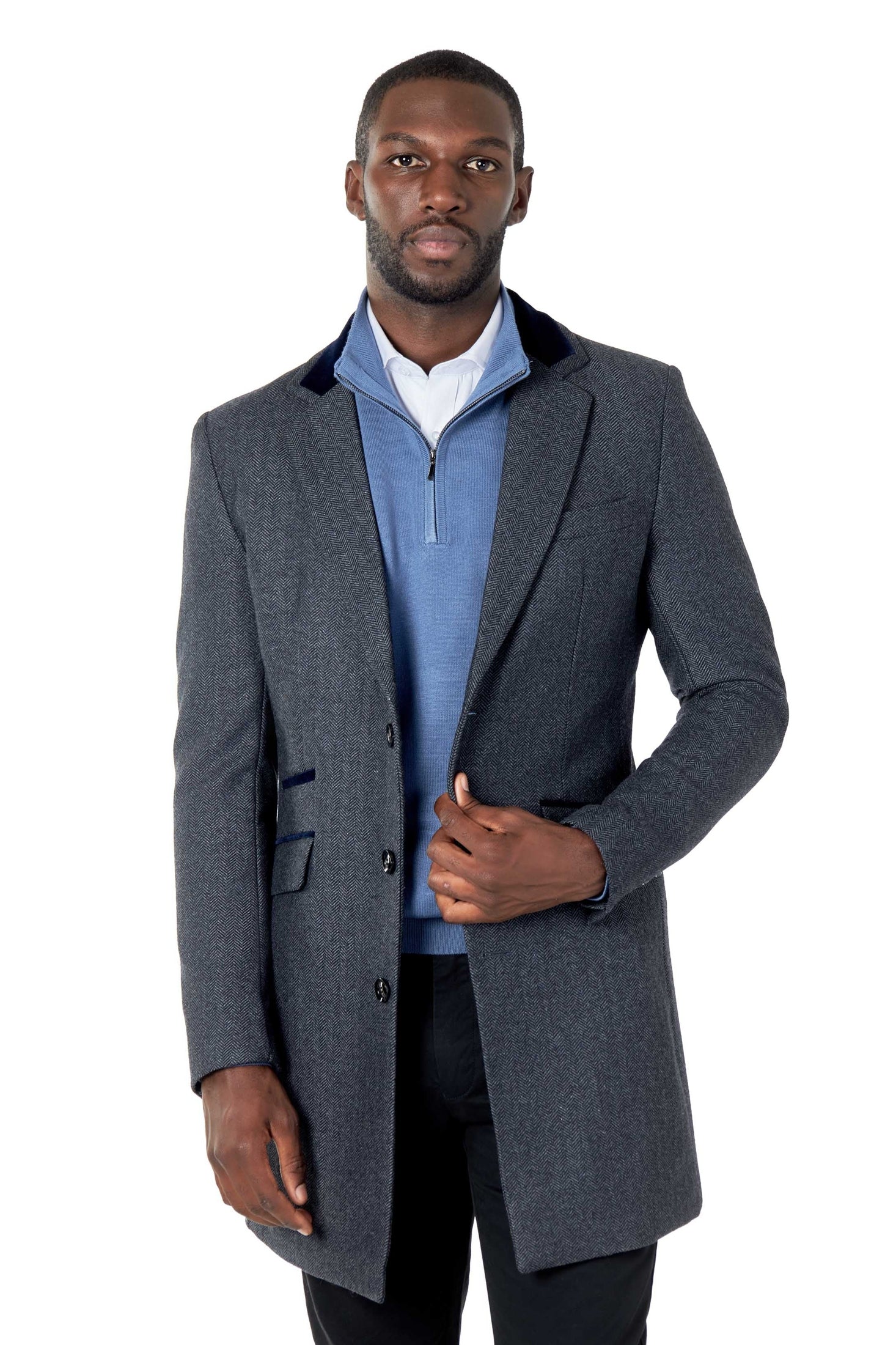 COSMO – GREY HERRINGBONE WOOL BLEND LONG OVERCOAT