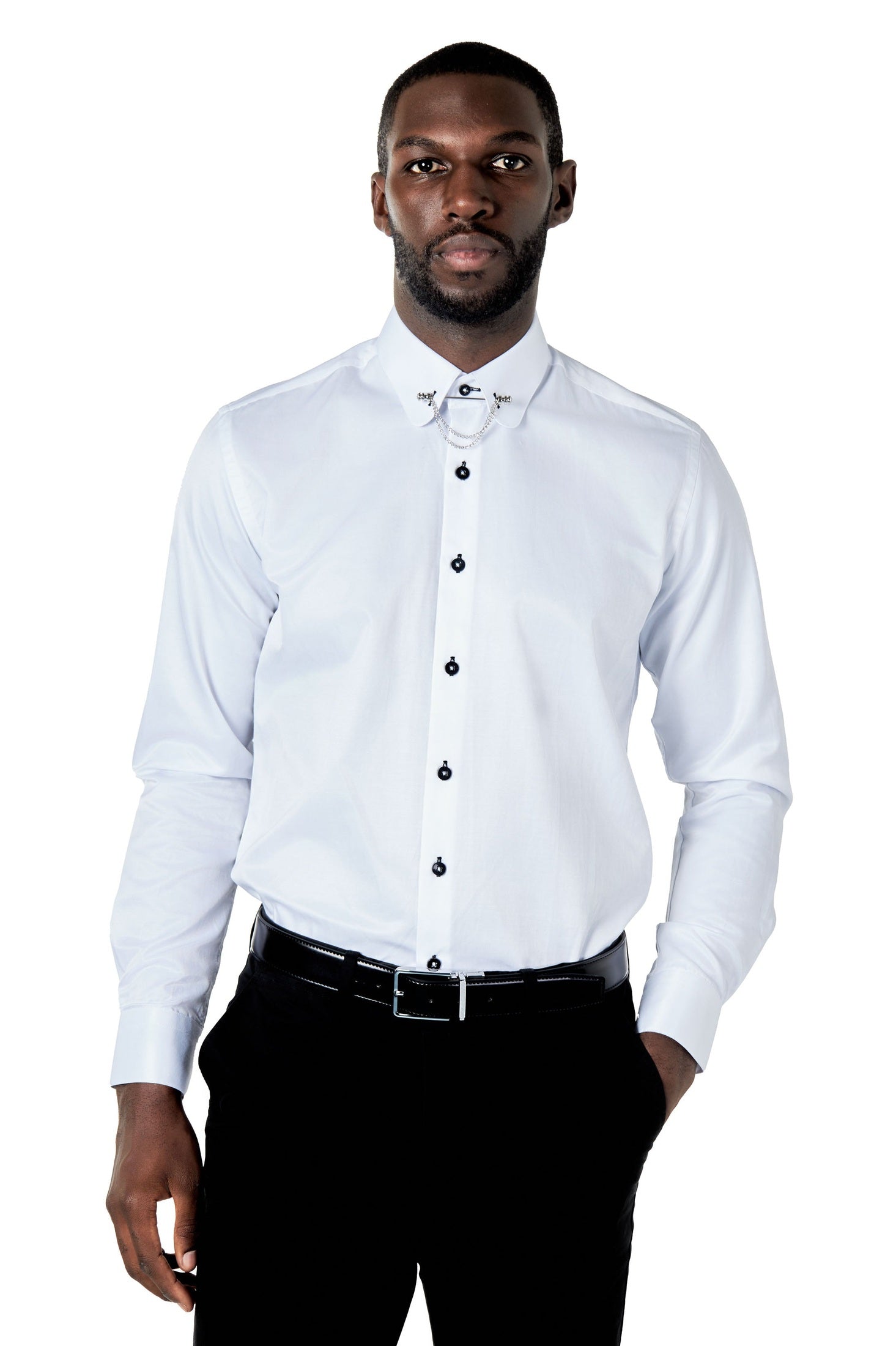 CLASSIC WHITE DRESS SHIRT PENNY COLLAR PIN BAR WITH CHAIN