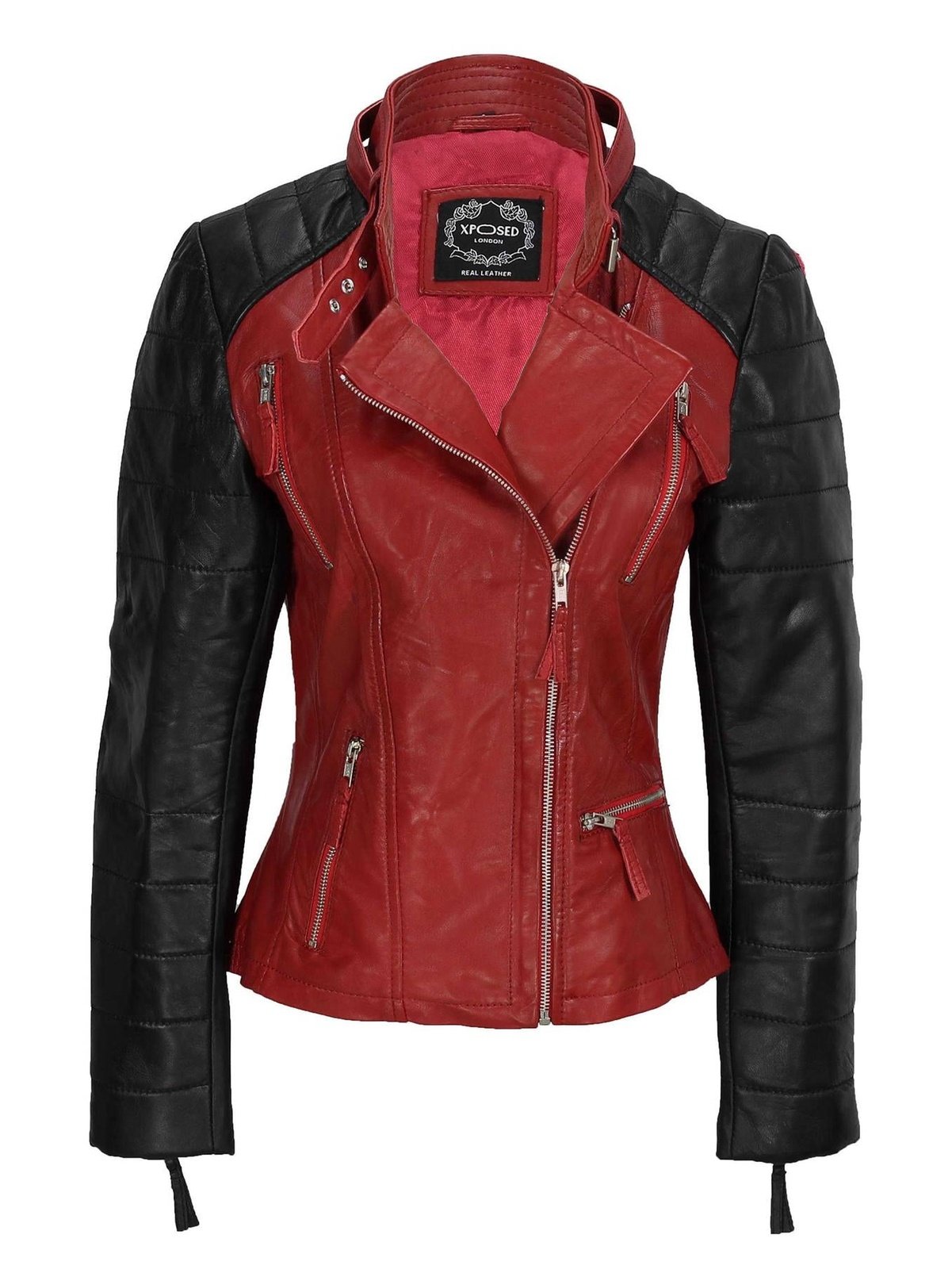 New Ladies Black Red Vintage Soft Genuine Real Leather Biker Jacket Size Fitted