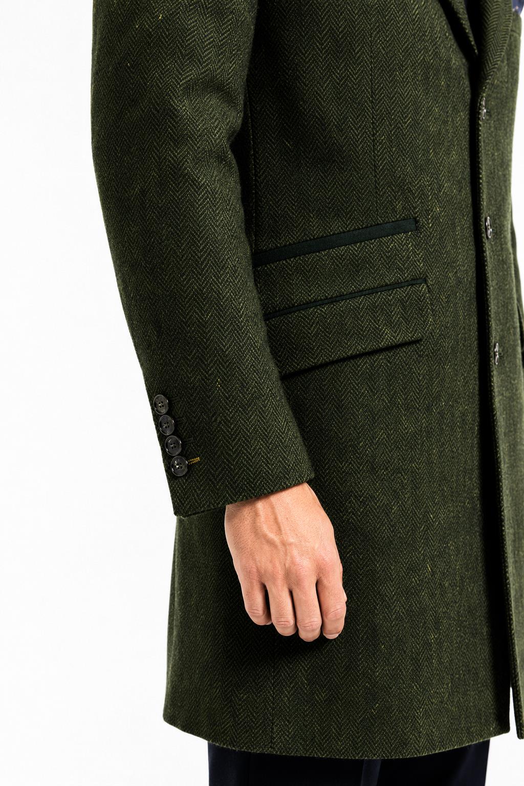 Men's Olive Green Herringbone Wool Blend Tailored Fit Overcoat CAVANI