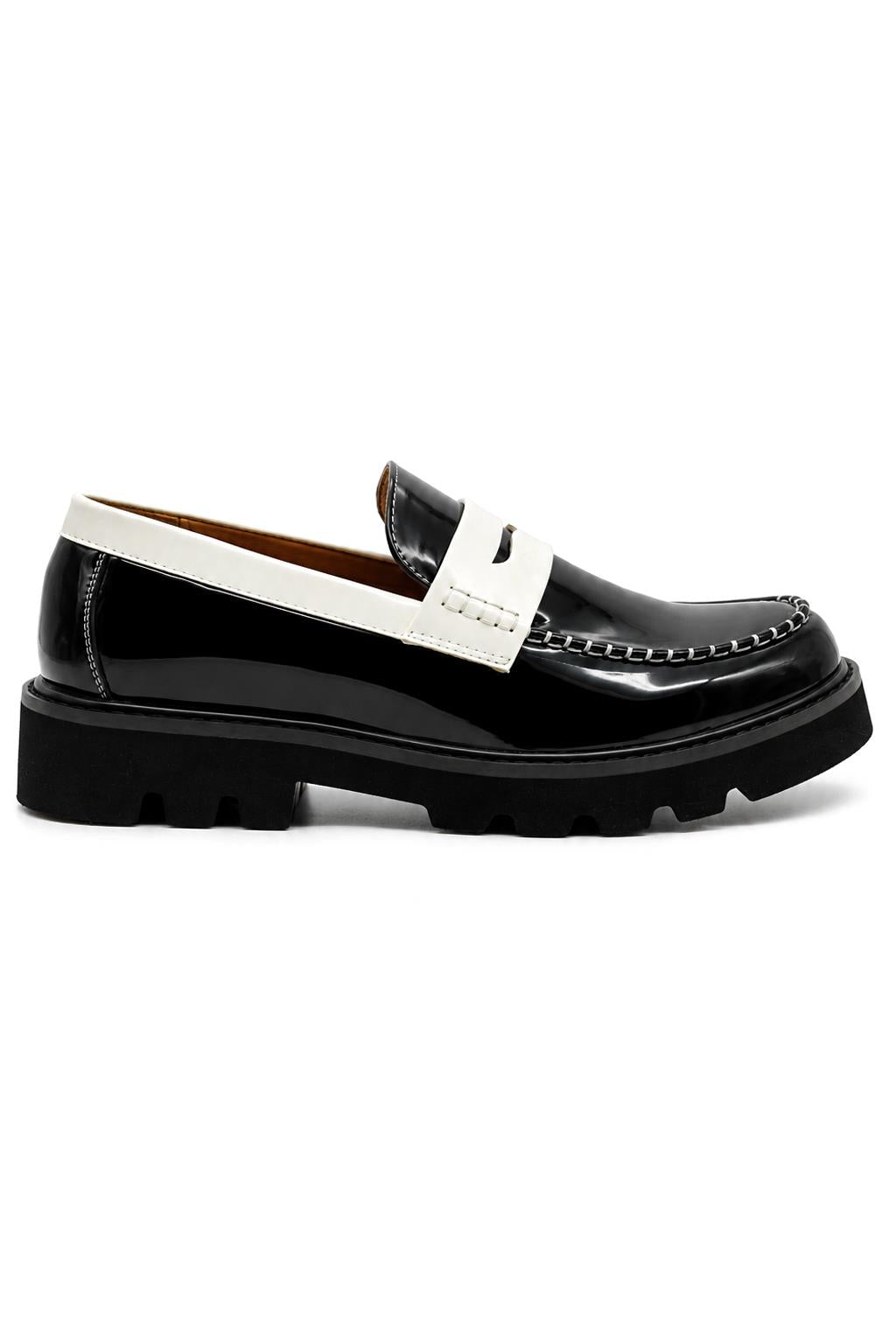 Men's Black & White Patent Chunky Penny Loafers Sartorial Shoes