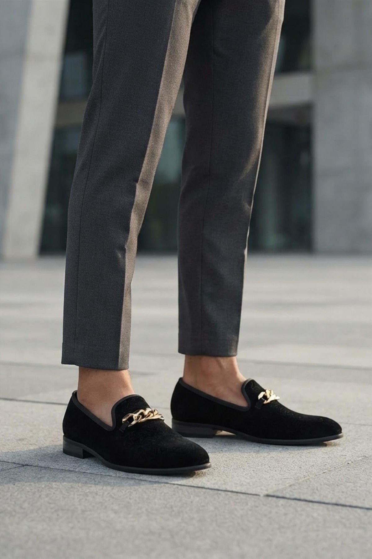 Men's Black Floral Velvet Gold Chain Wedding Loafers Sartorial Shoes