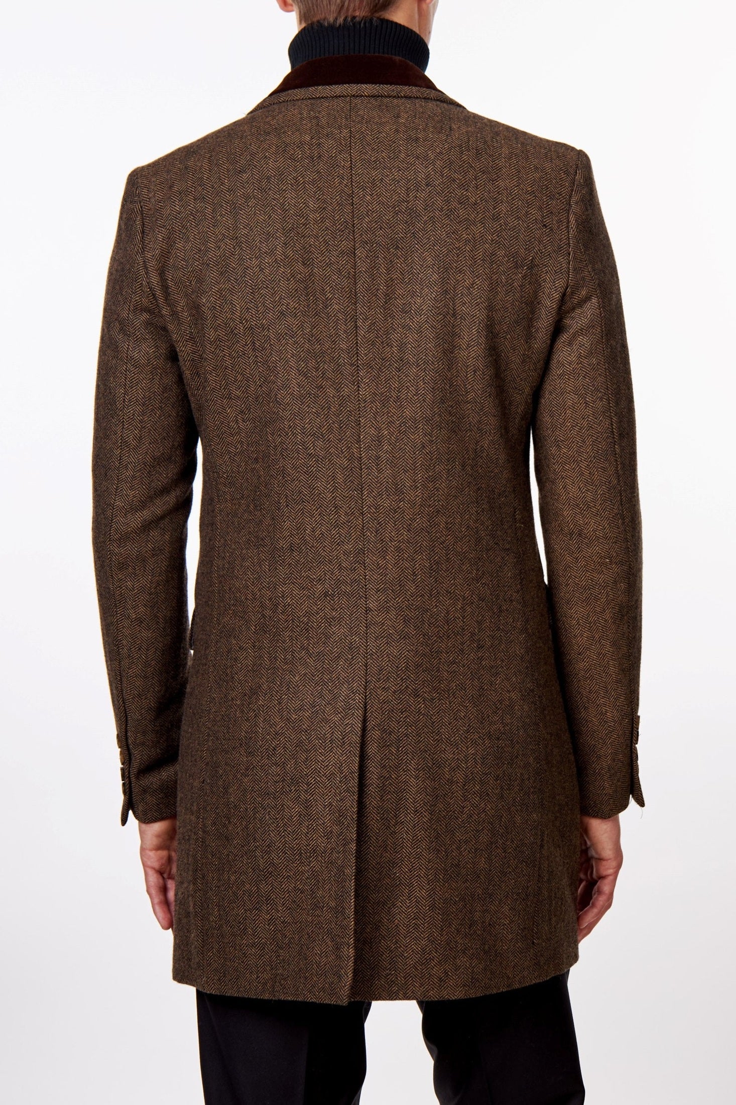 COSMO – BROWN HERRINGBONE WOOL BLEND LONG OVERCOAT
