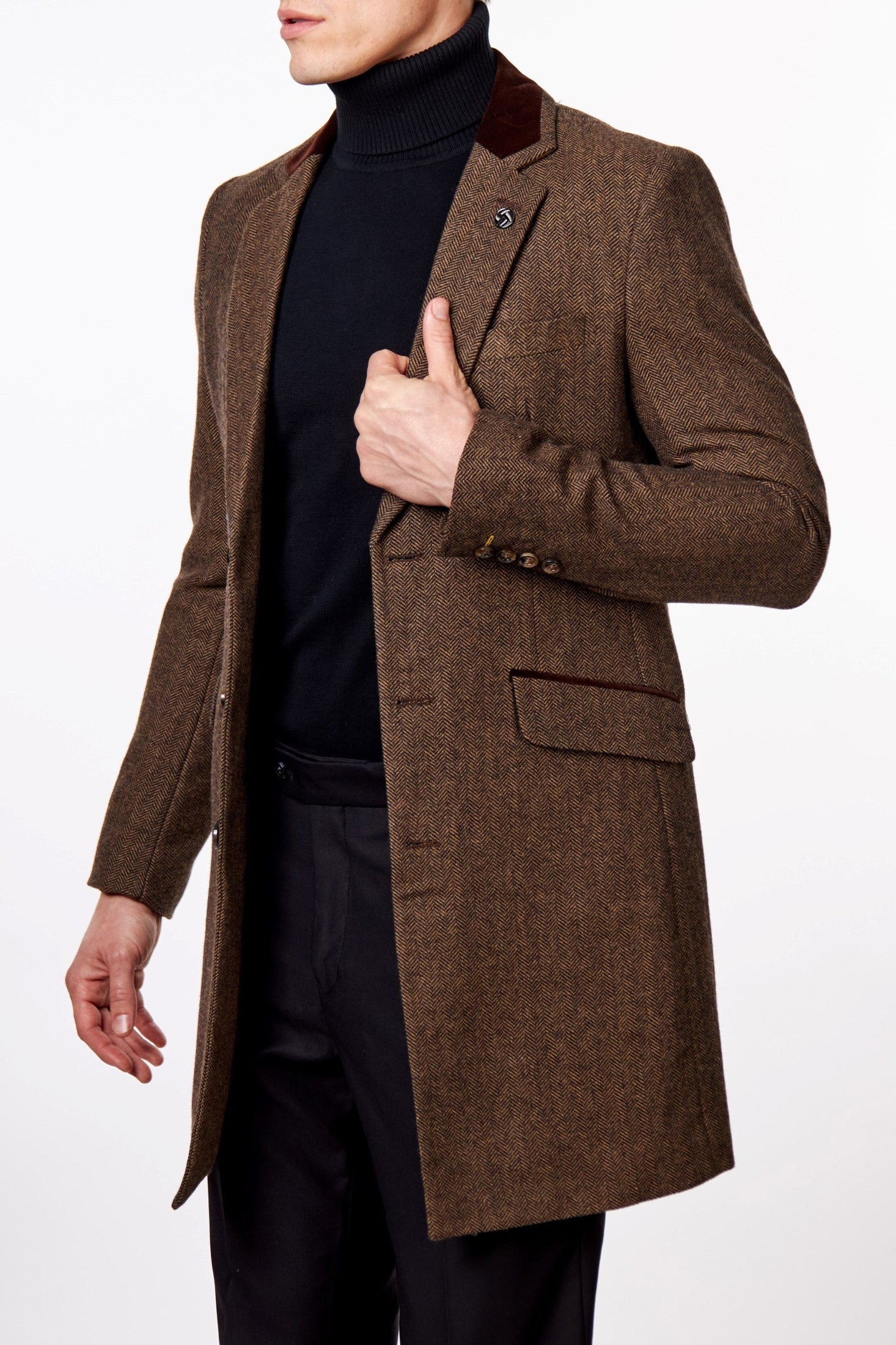 COSMO – BROWN HERRINGBONE WOOL BLEND LONG OVERCOAT