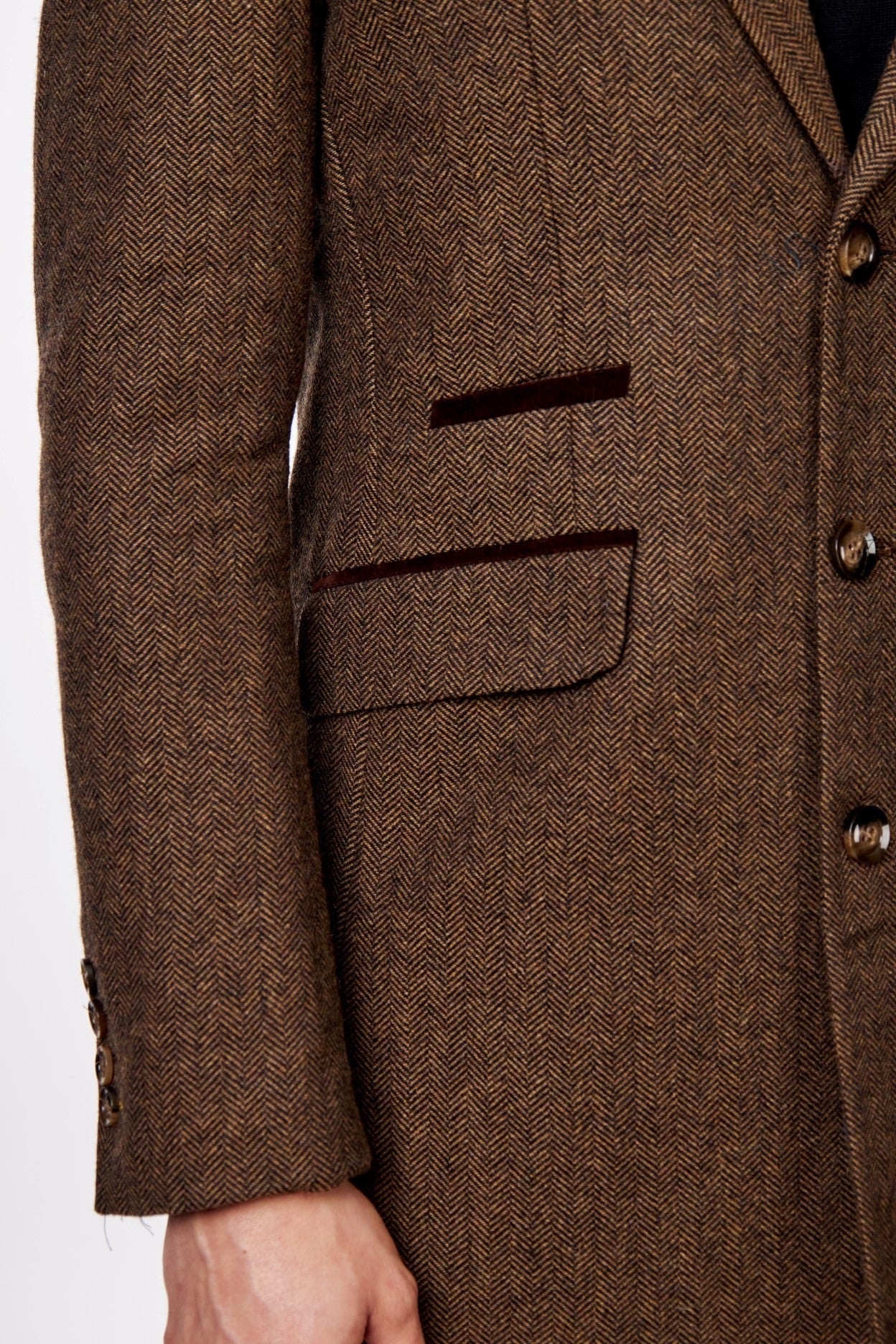 COSMO – BROWN HERRINGBONE WOOL BLEND LONG OVERCOAT
