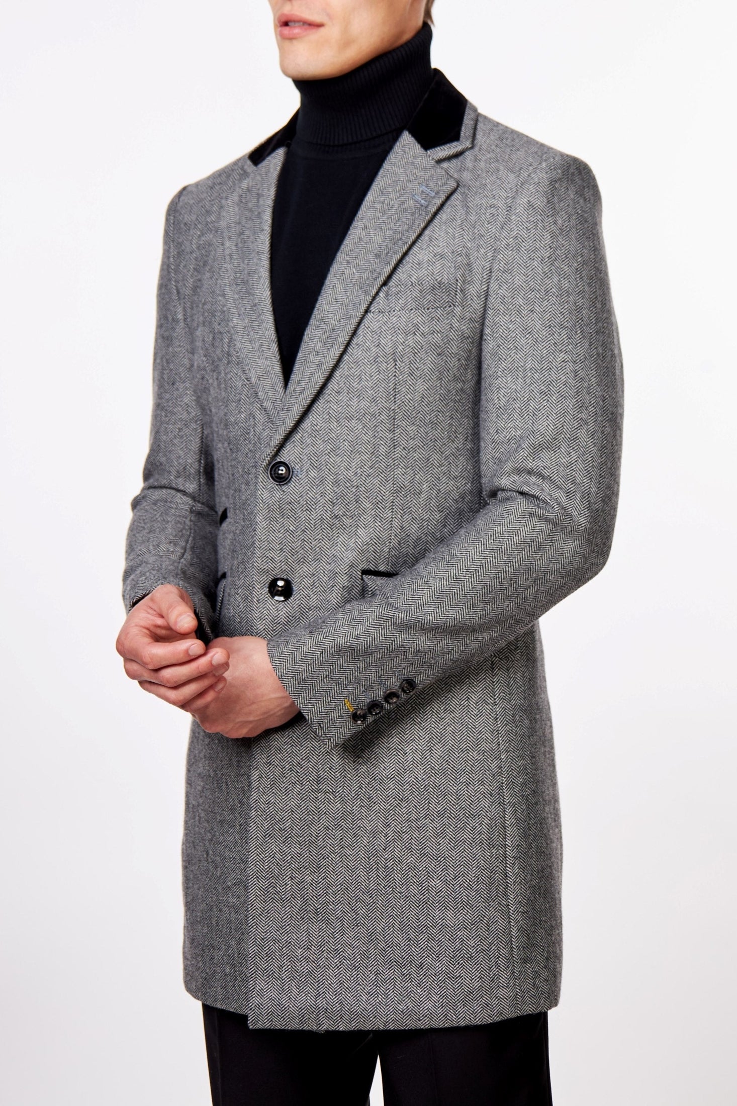 COSMO – HERRINGBONE WOOL BLEND LONG OVERCOAT IN GREY