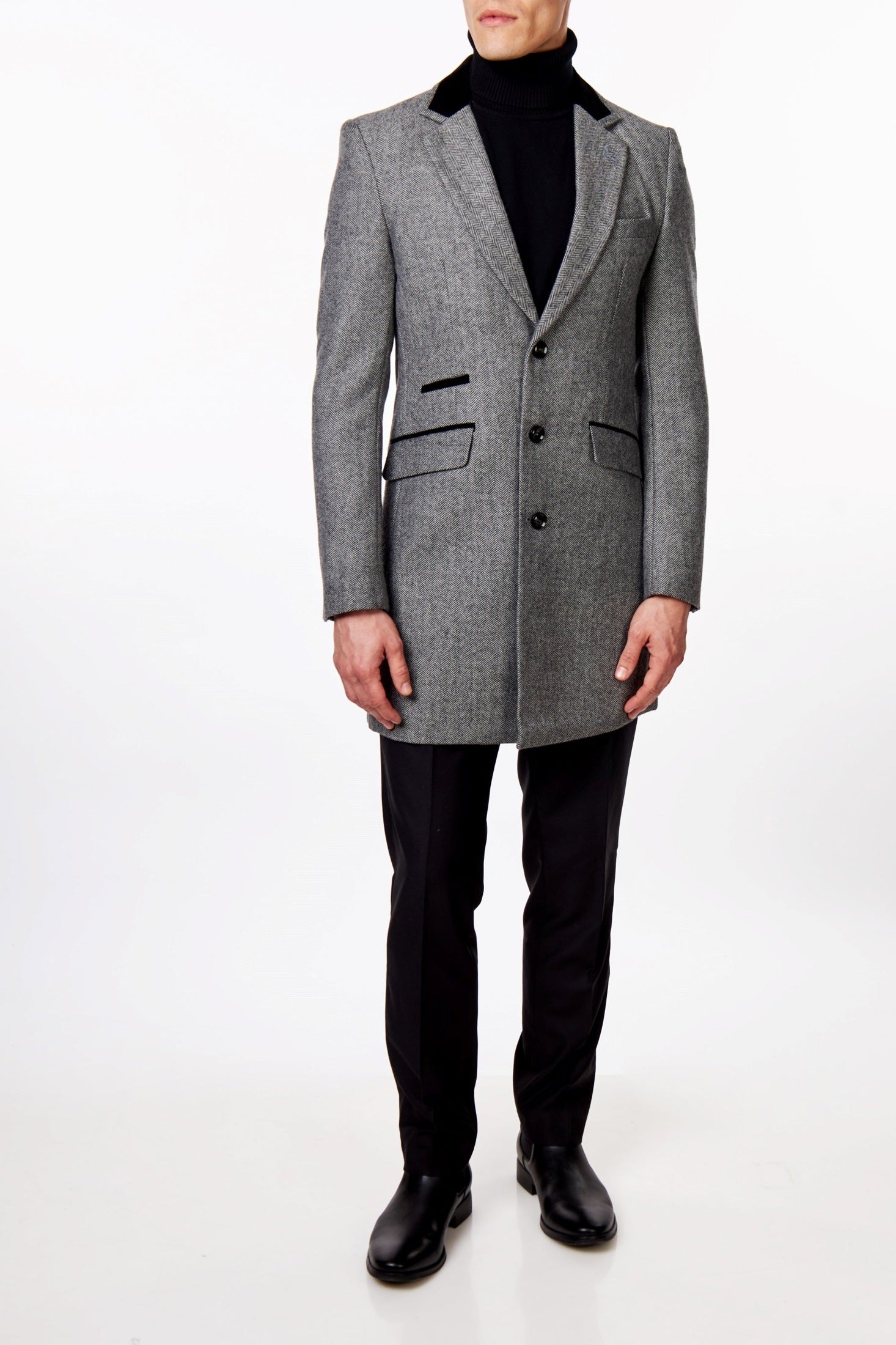 COSMO – HERRINGBONE WOOL BLEND LONG OVERCOAT IN GREY