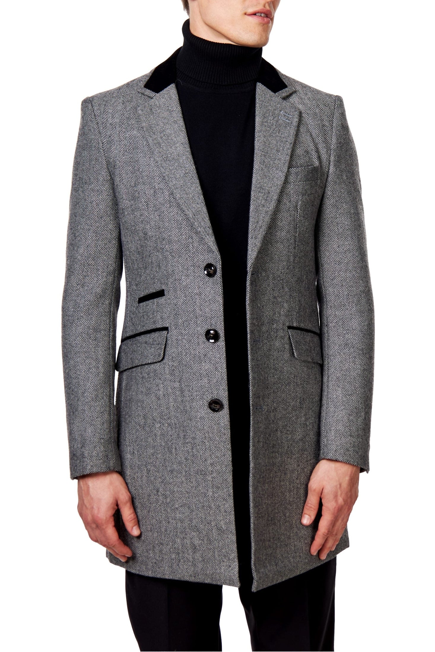 COSMO – HERRINGBONE WOOL BLEND LONG OVERCOAT IN GREY